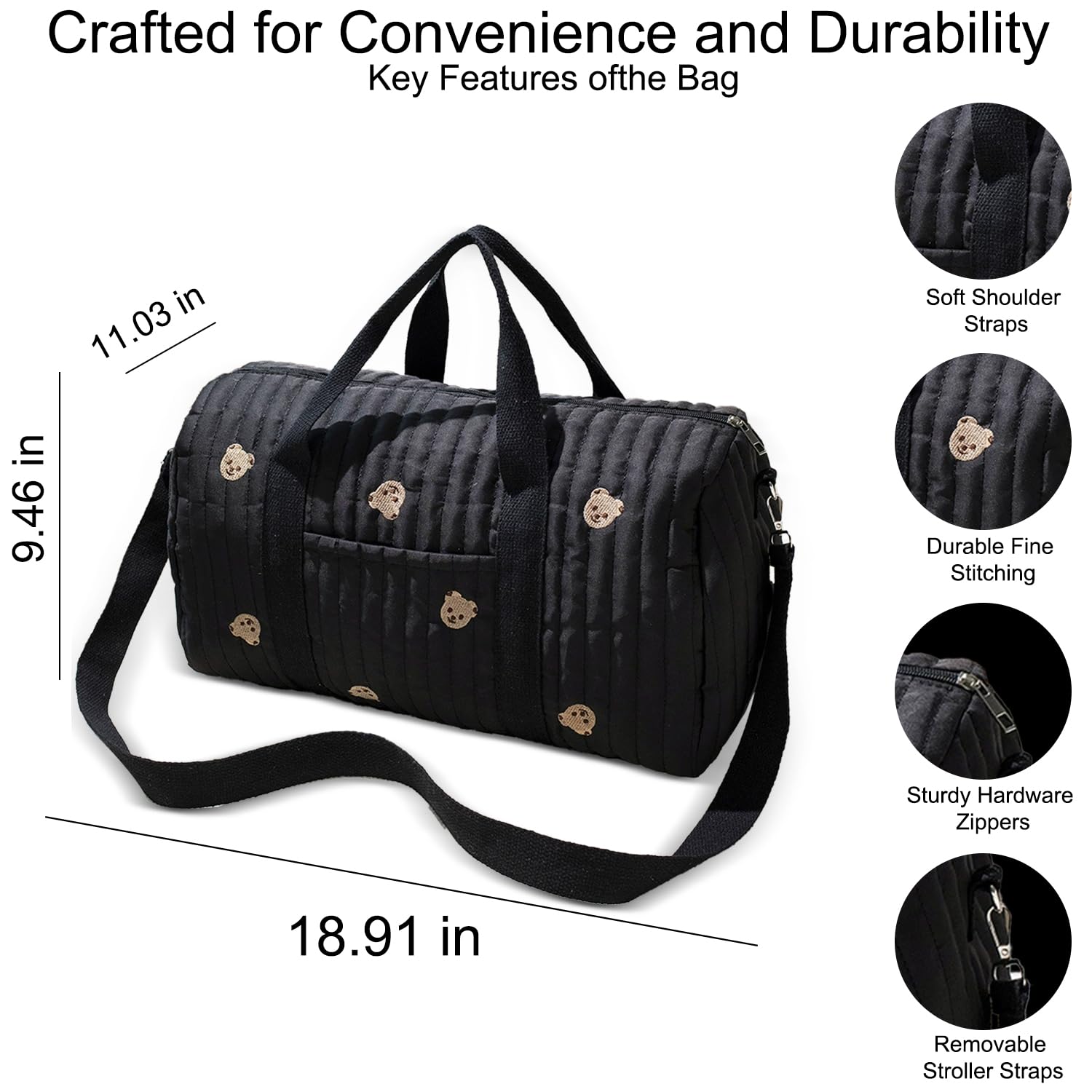 Bolsa de pañales convertible con bolsillos aislados y ganchos para cochecito para viajes recién nacidos, color negro