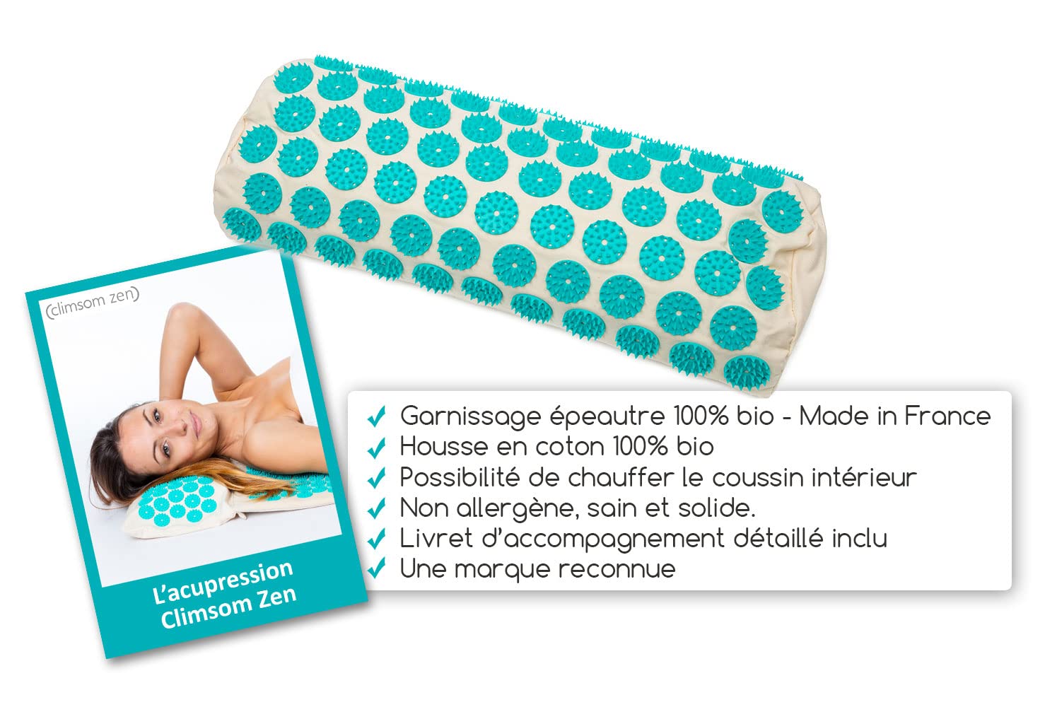 CLIMSOM ZEN - Coussin Chauffant Cervicales Acupression, Textile et Garnissage 100% Bio, Garnissage Naturel Épeautre, Fourni avec Livret Conseil (Bleu)