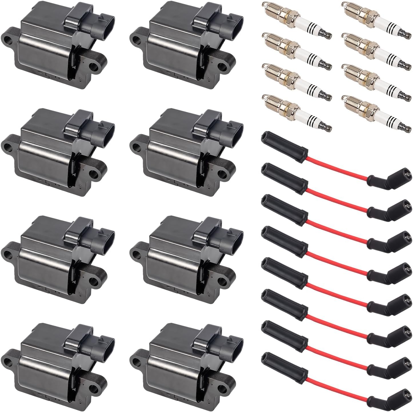 Set of 8 Square Ignition Coil 8 Platinum Spark Plug and Red Wire Set Compatible with Chevrolet Chevy GMC Hummer Avalanche Savana 1500 2500 3500 Sierra H2 4.8L 5.3L 6.0L for UF271 748EE 41962