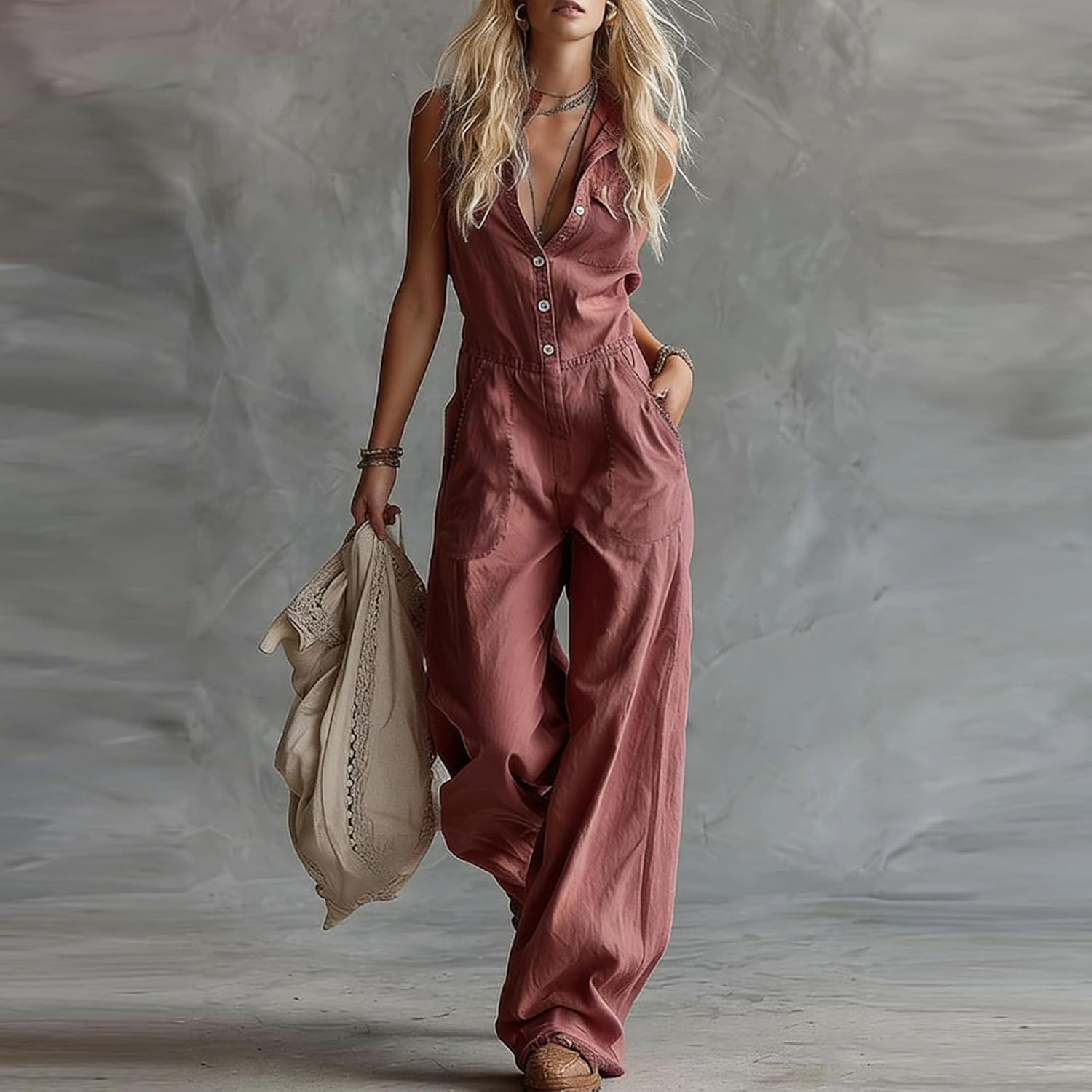 Womens Jumpsuit V Neck Sleeveless Solid Button Down Retro Wide-Leg Pant Vintage Western Romper