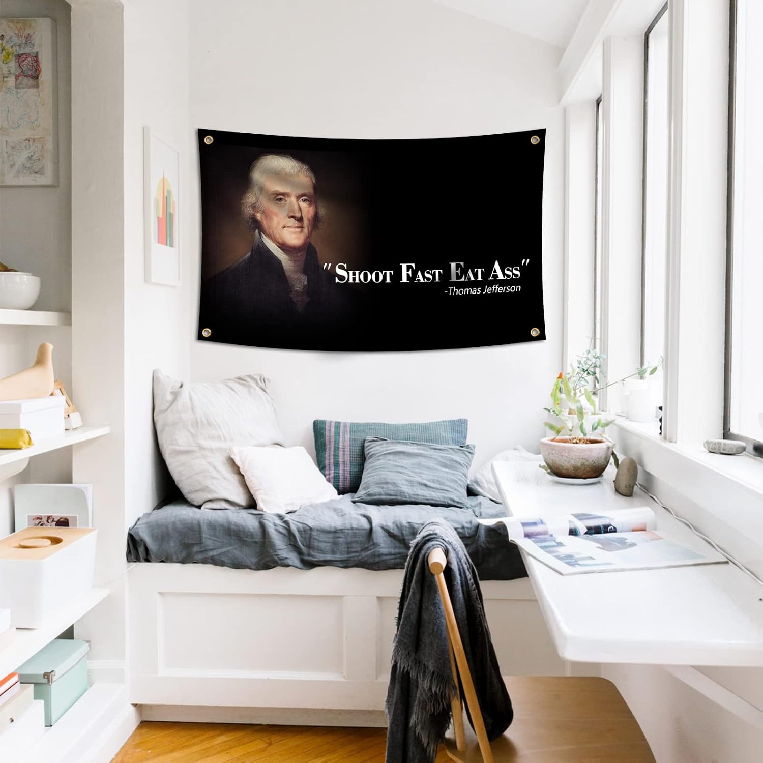 Thomas Jefferson Shoot Fast Flag Eat Ass Funny Quote,3x5 Feet Tapestry Funny Poster Durable Man Cave Wall Flag with Brass Grommets This beautiful entertaining banner flag for College Dorm Room Decor,Outdoor,Parties gifts, travel, filming, events, festivals.. image 4