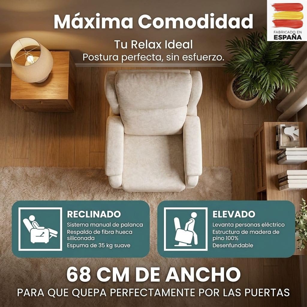 HOME&SOFAS SI | Sillón Relax Reclinable Eléctrico Levanta Personas | Modelo Mónaco | Sillón De 68 Cm De Ancho | Sillón Desenfundable con Reposapiés para Una Lectura Cómoda | Color Beige Claro