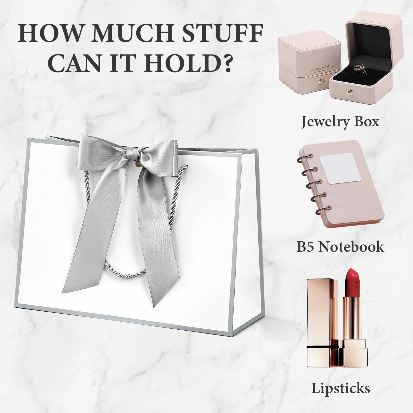 Sacchetti Regalo Medi BBILKE | 2 Pezzi 20x10x28cm | Con 2 Carte E Veline | Manici In Nastro | Per Compleanno, San Valentino | Rosa E Nero - Foto 7