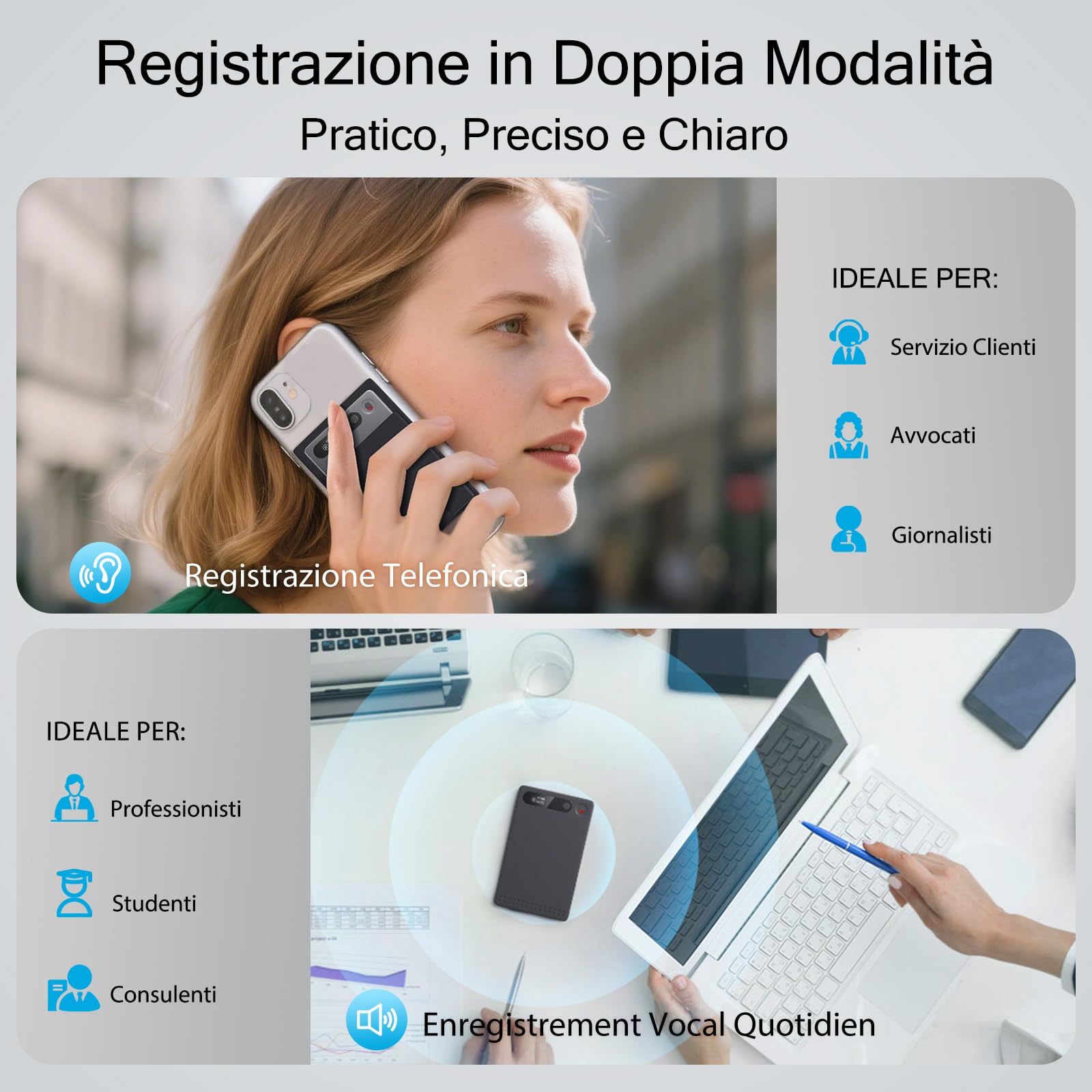 Registratore Vocale AI, 64 GB di Memoria, Controllo App, Trascrizione e Sintesi AI,Supporta 118 Lingue, Ultra Sottile e Leggero, Registratore Audio per Riunioni, Lezioni, Telefonate
