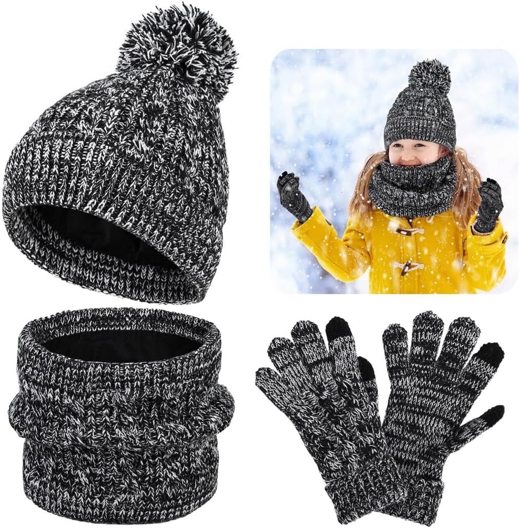 Knitted Hat And Scarf Gloves Set For Kids, Insulated Beanie, Neck Warmer And Thermal Gloves, Winter Warmth Collection For Ages Five To Twelve