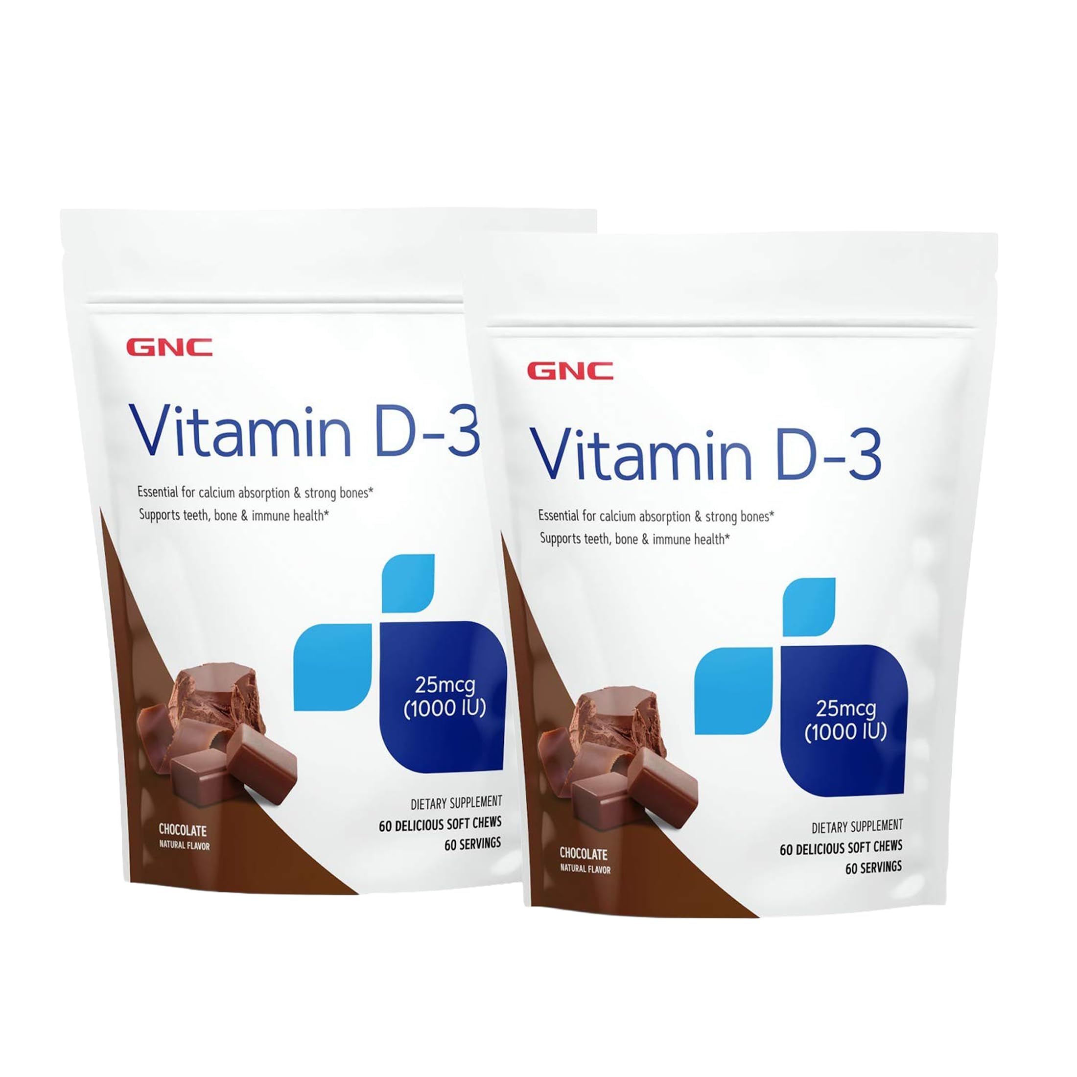 GNC Vitamin D-3 Soft Chews 1000IU, Chocolate, 60 Count, Twin Pack 60 Count (Pack of 2)