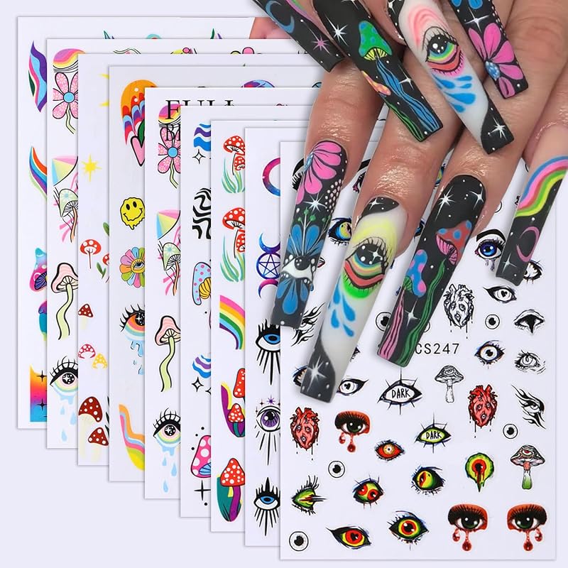 8 hojas de pegatinas para uñas, diseño de graffiti, flor, mal de ojo, 3D, autoadhesivas, diseño de hongos, estrellas, luna, decoraciones de uñas, pegatinas de uñas de verano, suministros de uñas coloridos para mujeres, manicura DIY