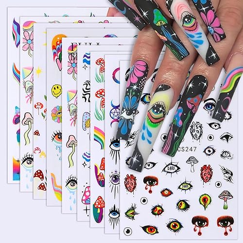 8 hojas de calcomanías de arte de uñas con grafiti, flores, ojo maligno, 3D autoadhesivas, calcomanías de uñas con diseños de arco iris, hongos,