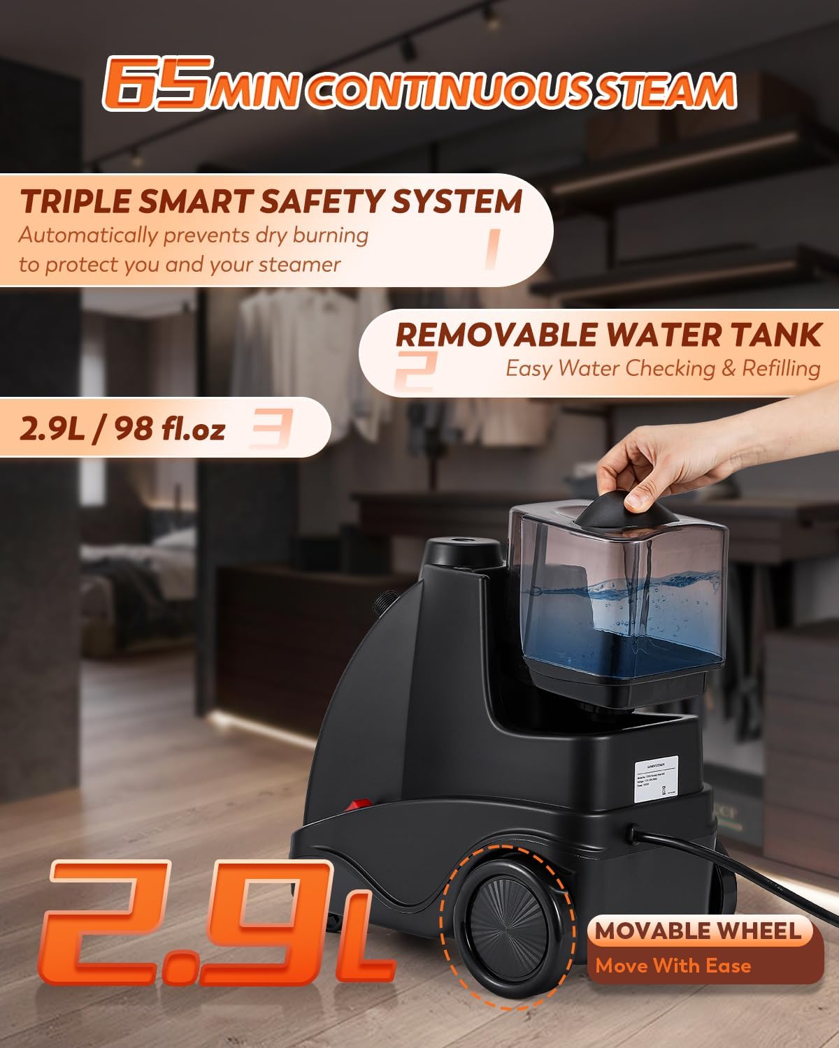 Commercial Standing Garment Steamer with lroning Pad, 1500W Powerful Steamer for Clothes, 2.9L Tank for 65 Min Continuous Steam, 40s Fast Heat-up, Professional Clothing lron for Home