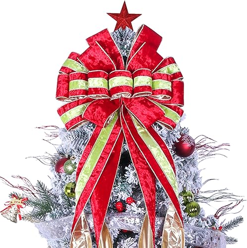 Miniatura 15 de Decoración para árbol de Navidad, lazo grande rojo para árbol de Navidad, arpillera con borde de poliéster blanco, lazos de regalo para adorno