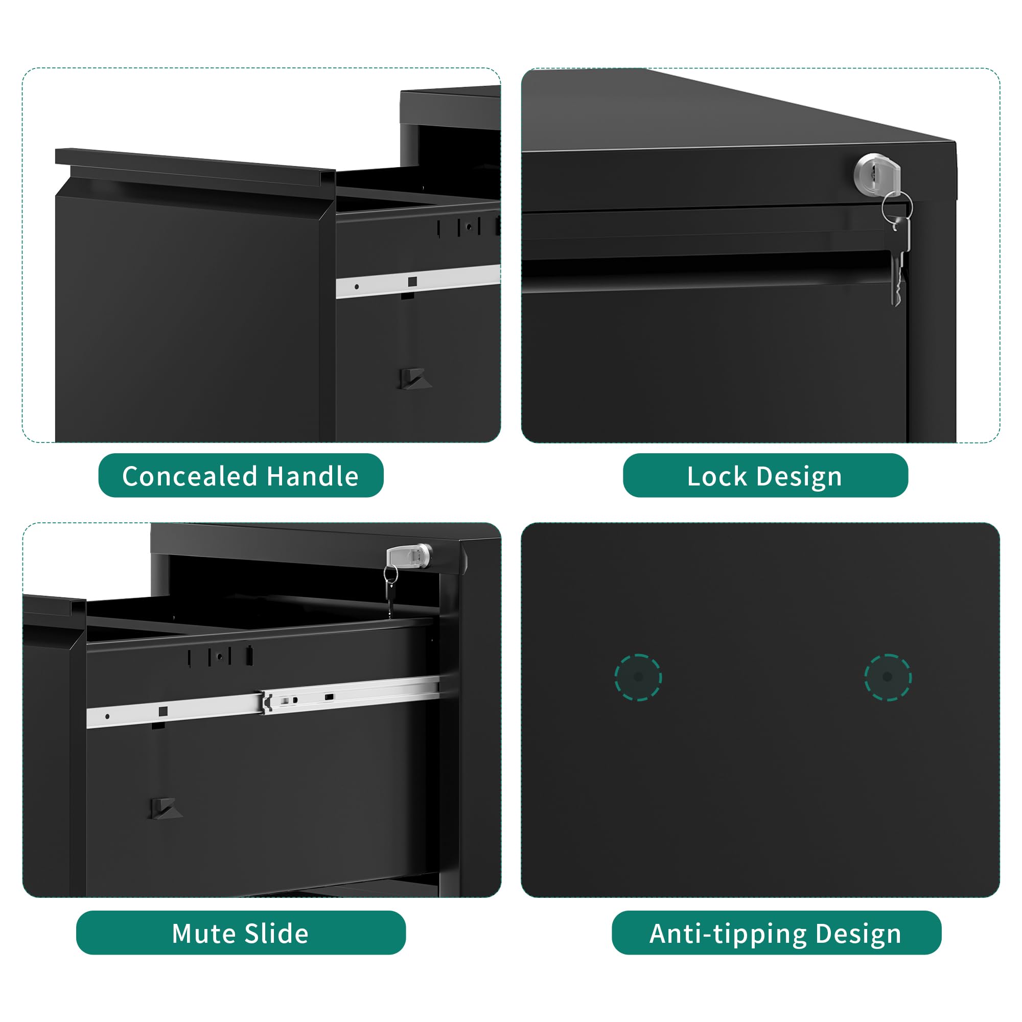 YITAHOME Aktenschrank mit 3 Abschließbaren Schubladen, Kippsicherer Rollender Aktenschrank mit Rädern für das Büro zu Hause, Unter-Pult-Aktenschränke, schwarz, 62 x 45.8 x 102.5cm