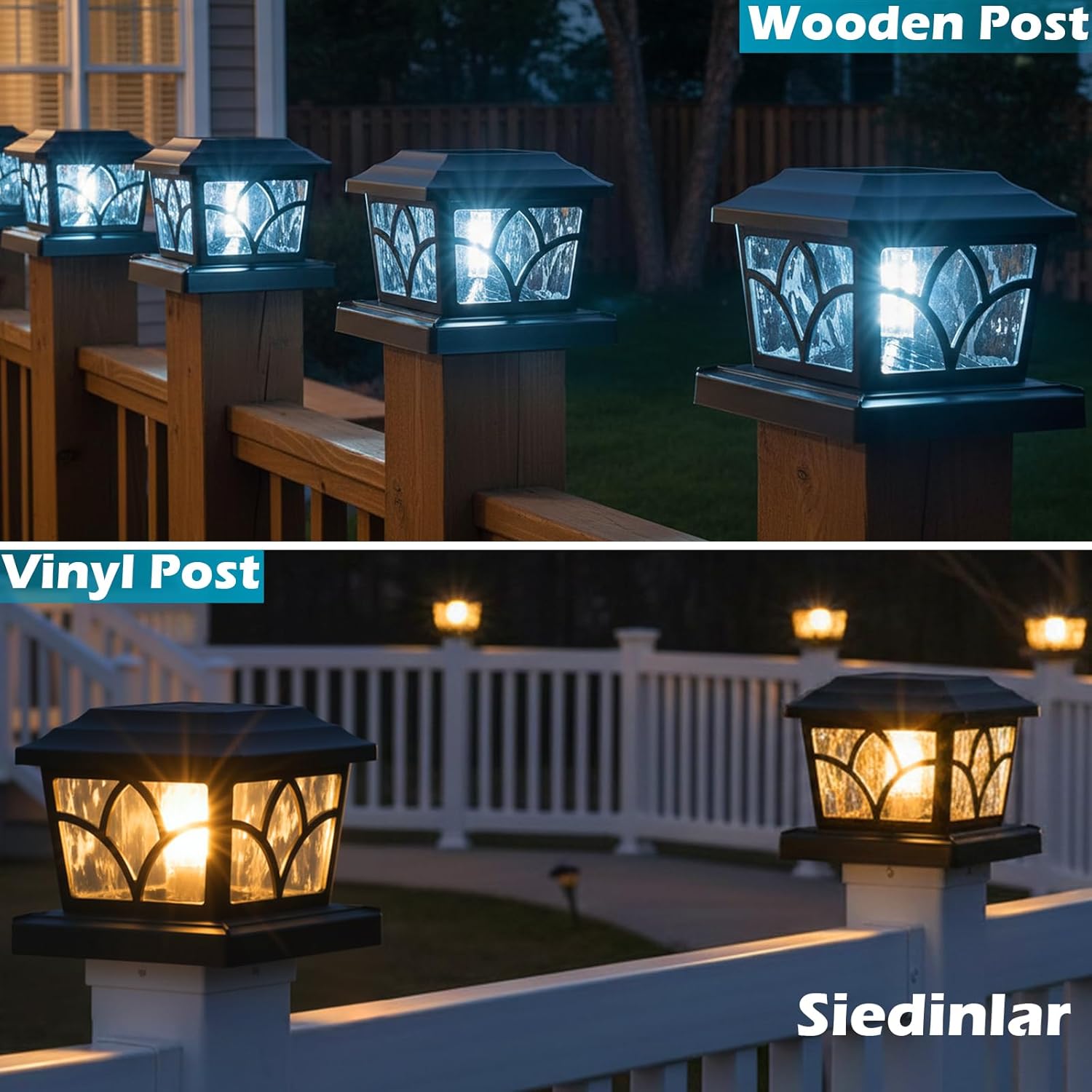 SIEDiNLAR Solar Post Cap Lights Outdoor 4 Modes 40 LEDs Aluminum Glass Fence Post Light for 4x4 5x5 6x6 Wooden Vinyl Posts Deck Patio Decor, Warm White & Cool White Dynamic Lighting Black (6 Pack)
