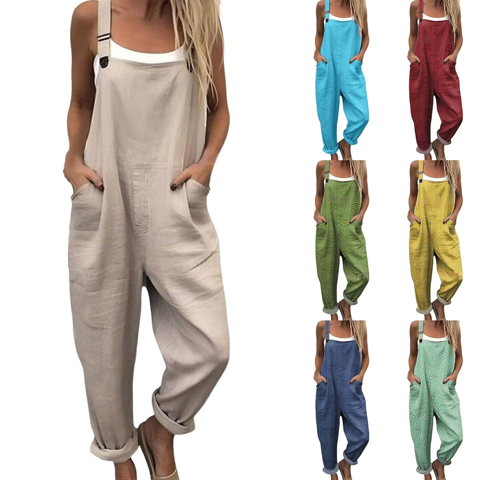 Générique Salopette Femme fluide, Combinaison en lin Ample et Décontracté Femme avec Bretelles Réglables et Poches, Salopette de Travail Ete Fluide chic, Pantalon Imprimé spaghetti Grande Taille
