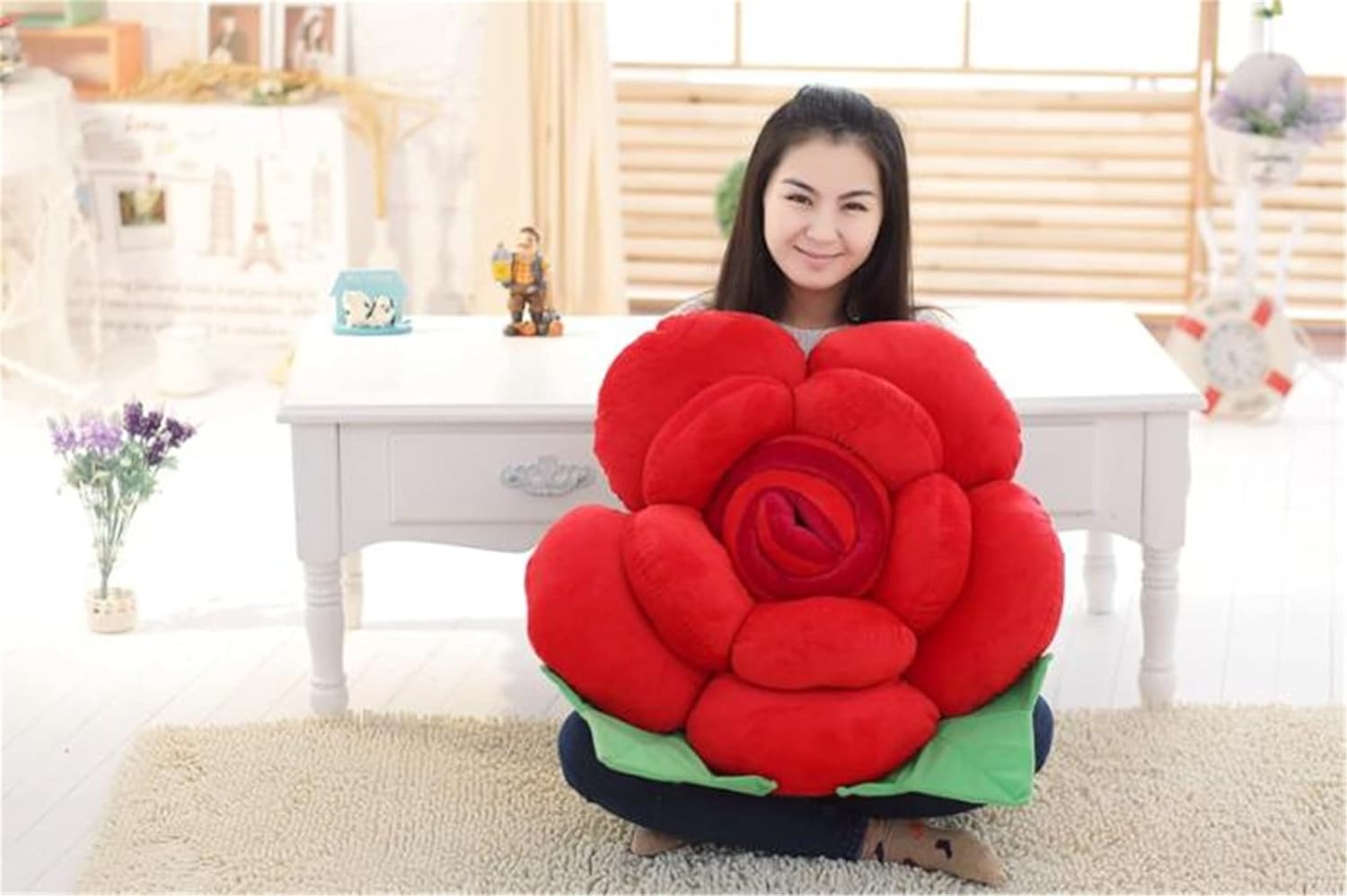 YILANLAN Flower Cushion - Cute Rose Floor Cushion, Sofa & Bed Decoration (60cm, Red)