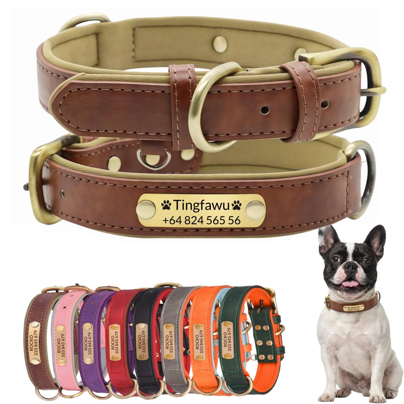 Collar de cuero para perro personalizado con placa de identificación grabada, collar de identificación de piel sintética personalizado para perros pequeños, medianos y grandes, nombre grabado y