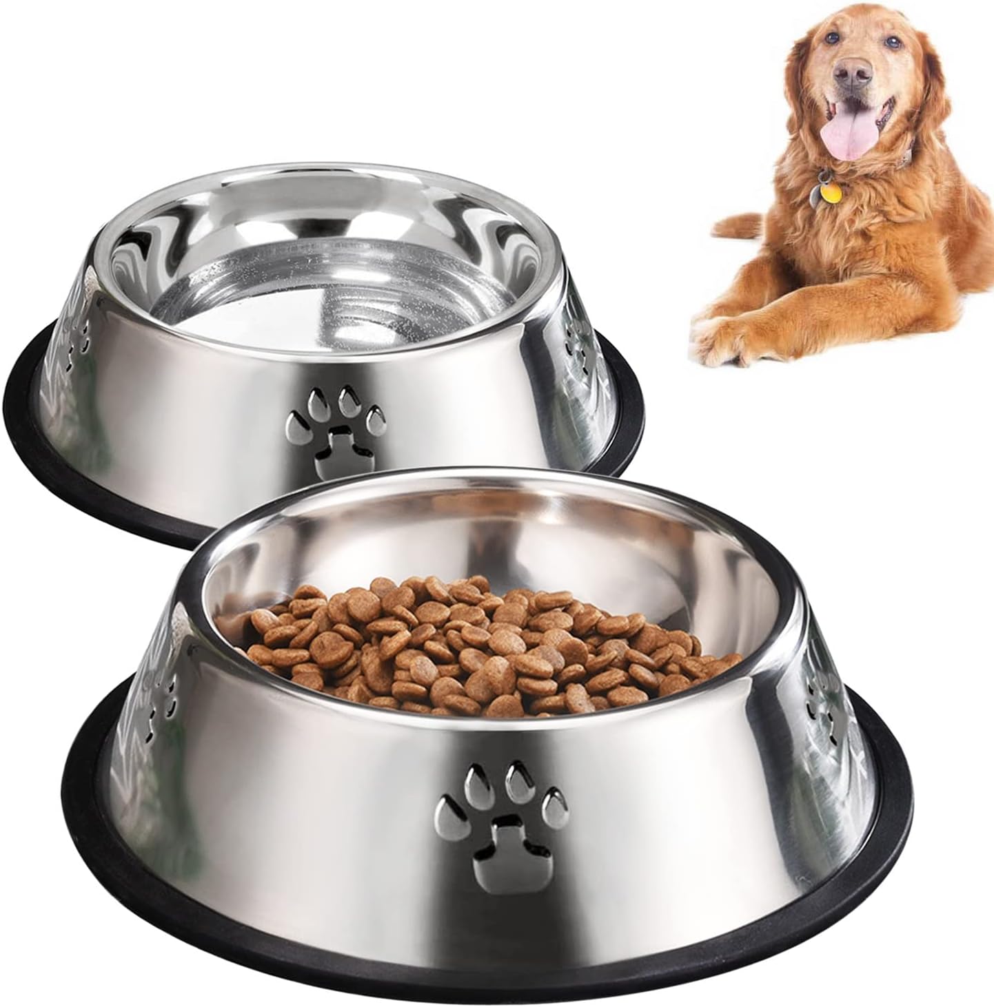 YUDANSI 2 Stainless Steel Dog Bowls, Dog Feeding Bowls, Dog Plate Bowls with Rubber