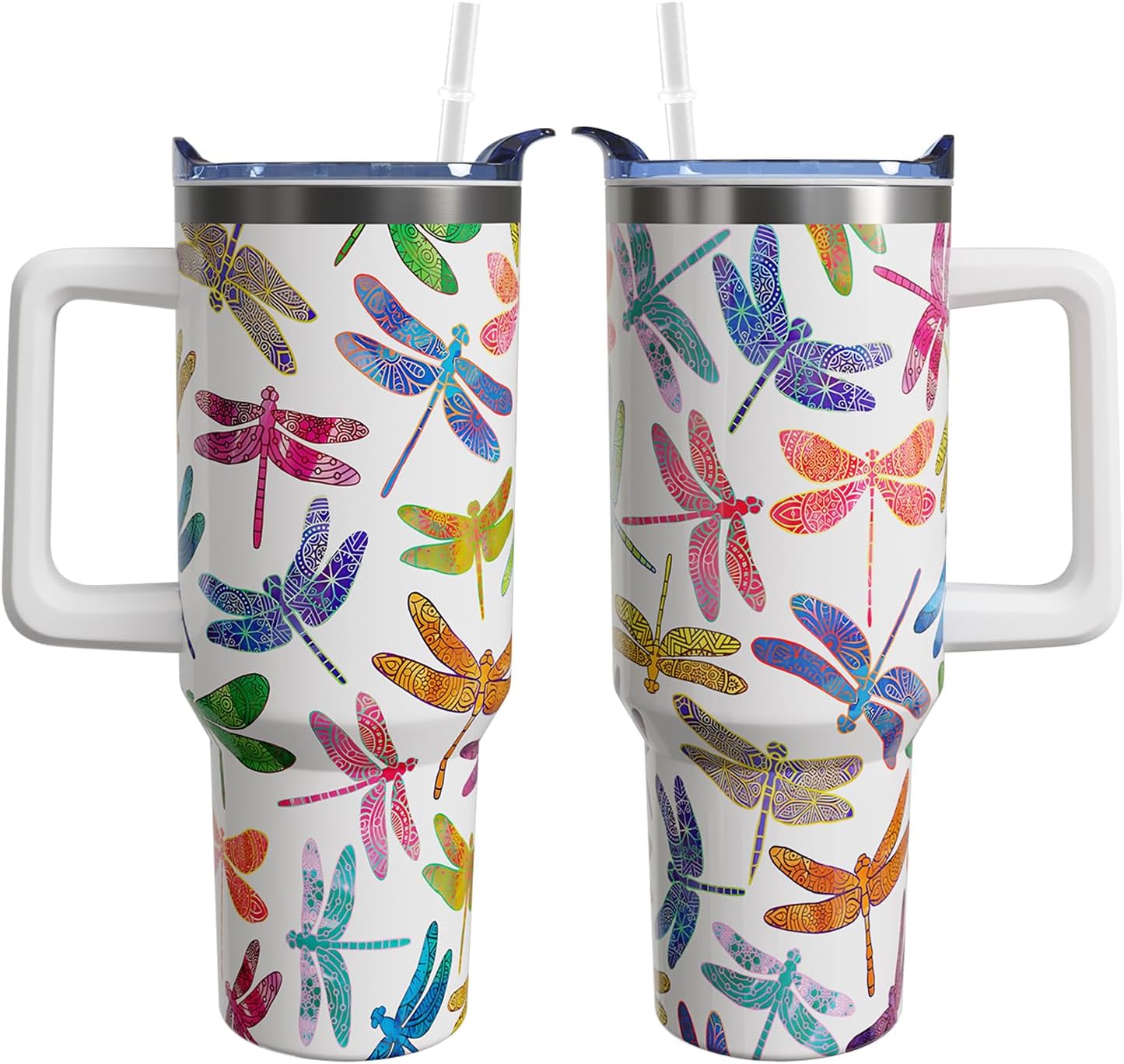 Heqianco 40 oz Dragonfly Tumbler with Handle and Straw Dragonfly Gifts for Women Insulated Stainless Steel Coffee Cups with Straw and Lid Travel Mug Leak Proof Water Bottle