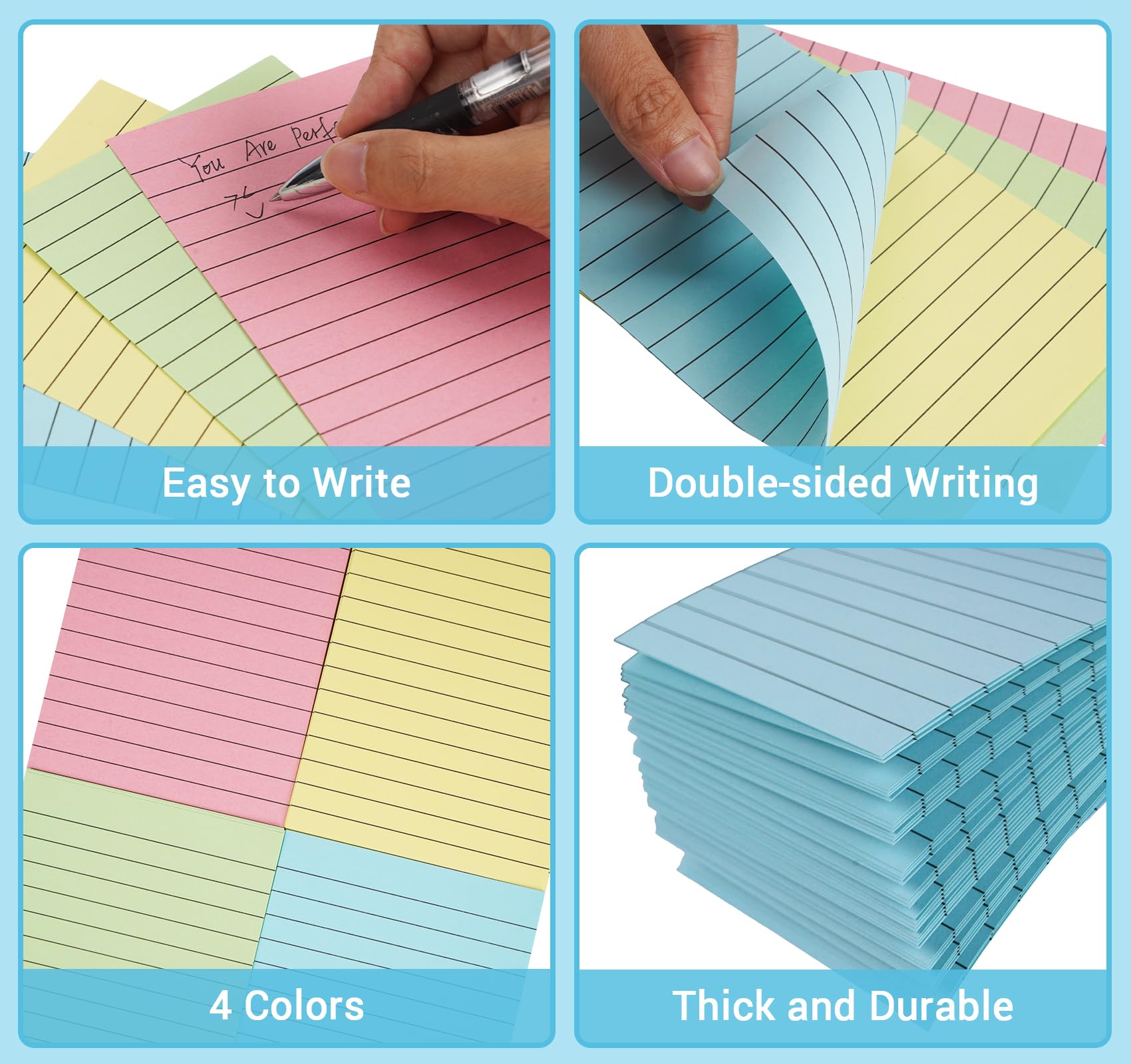 Agoer 500 Pcs Flash Cards, A6 (15x10cm) Lined Index Cards, 4 Colours Revision Cards for Study, Office, Working,School Learning, Durable Heavy Note Cards - Image 4