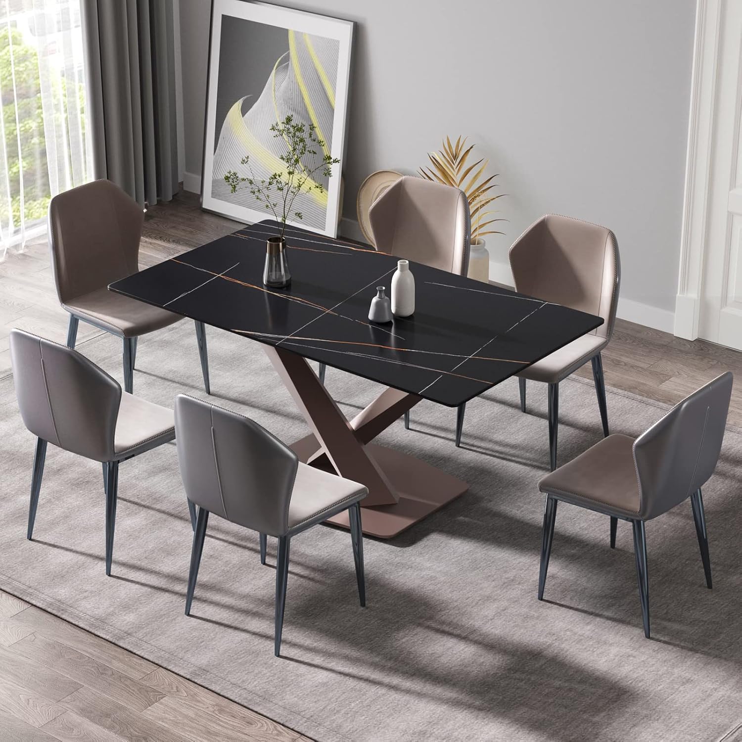 Ymlpre Marble Texture Dinning Table, Rectangle Kitchen