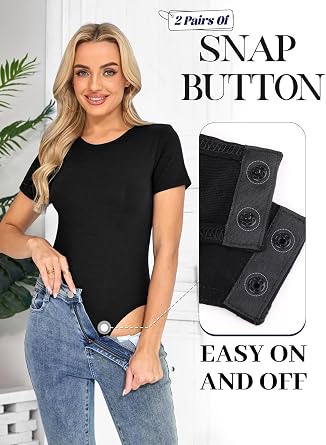 Bodysuit Short Sleeves Bodysuits for Women UK Crew Neck Body Suits Casual Slimming Stretch Leotard Tops with Snap Closure Thong