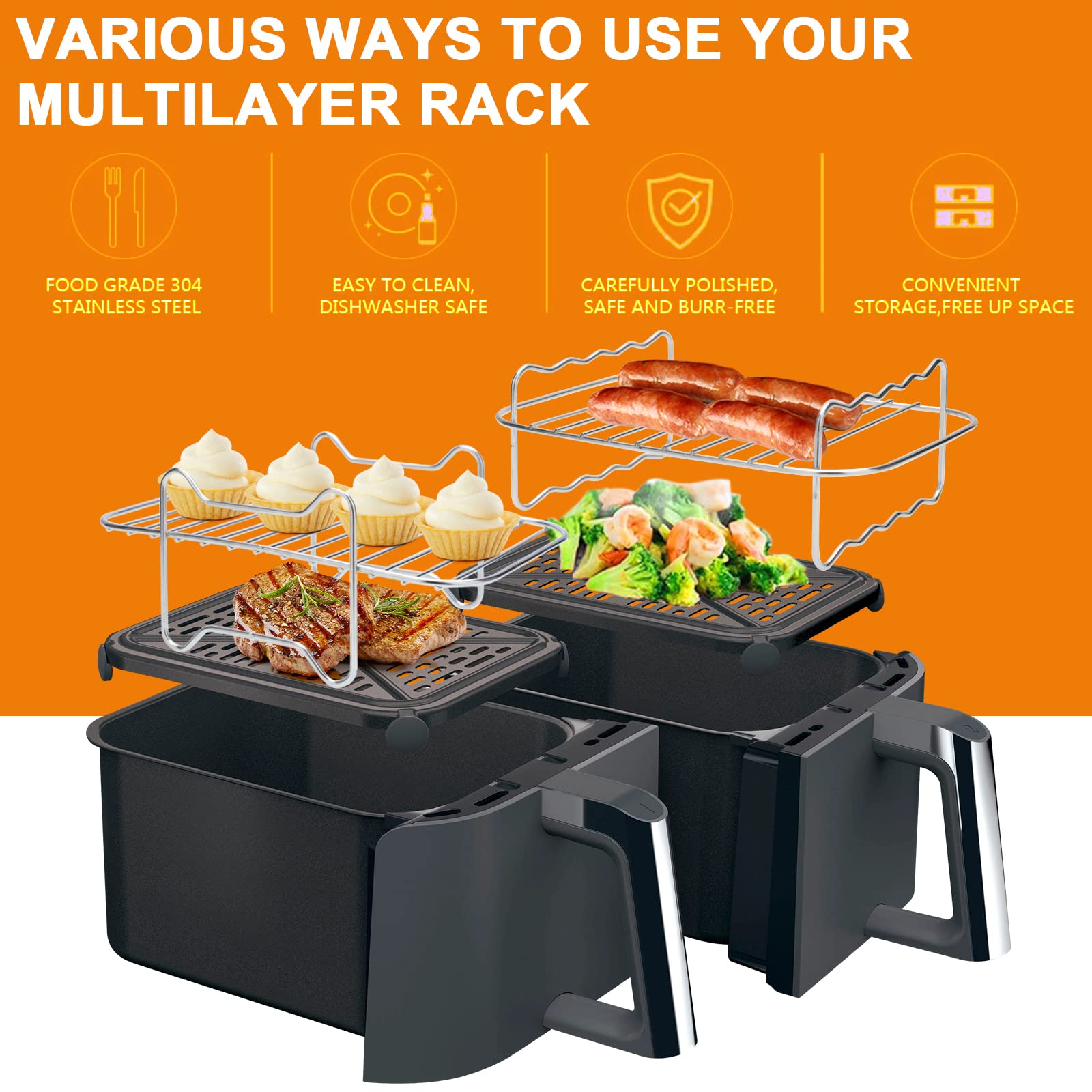 2 Pcs Air Fryer Rack for Double Basket Air Fryers, Multi-Purpose Air Fryer Accessories, 304 Stainless Steel Dehydrator Rack Grilling Rack with 4 Barbecue Sticks for Ninja Foodi DZ201/401 image_1