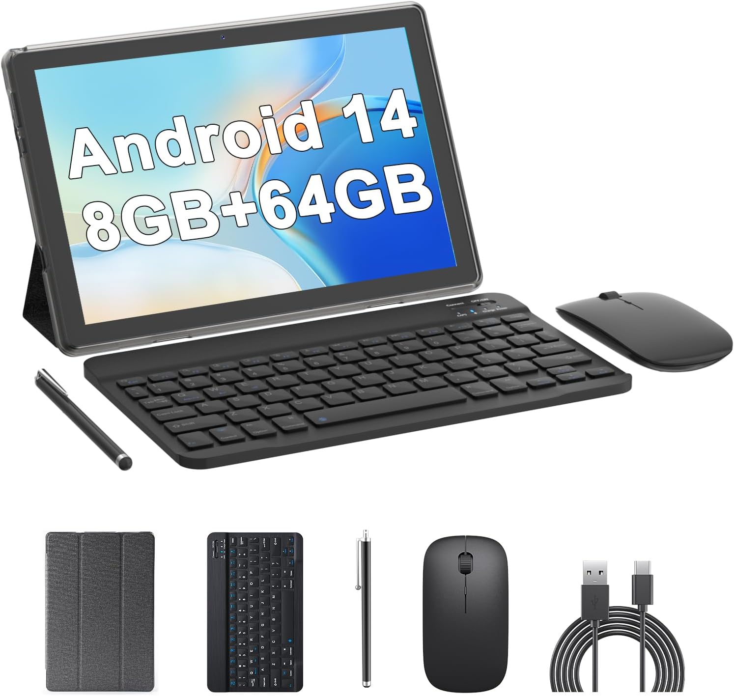 NOVOJOY 10" Android Tablet 2 In 1 Tablets with Keyboard 64Gb + 4Gb Ram Tablets 10.1" Tablets Include Mouse Case Stylus Tempered Film 10 In Tab 8Mp + 2Mp Cameras 6000Mah Battery Wifi Android Ta