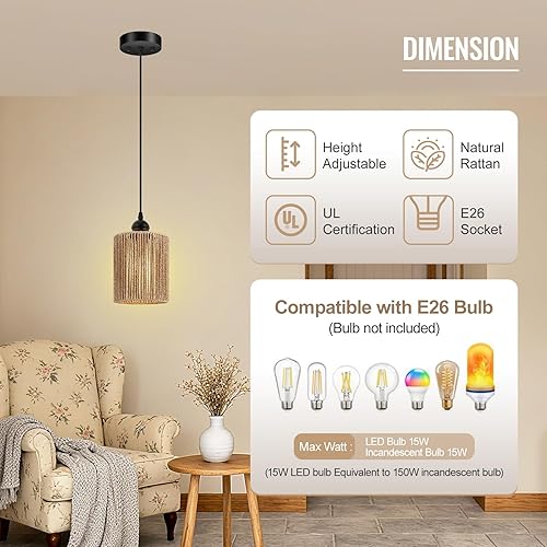 Miniatura 5 de BoostArea Paquete de 2 luces colgantes de ratán para isla de cocina, lámpara de granja con pantalla de mimbre tejida a mano, luz colgante bohemia de