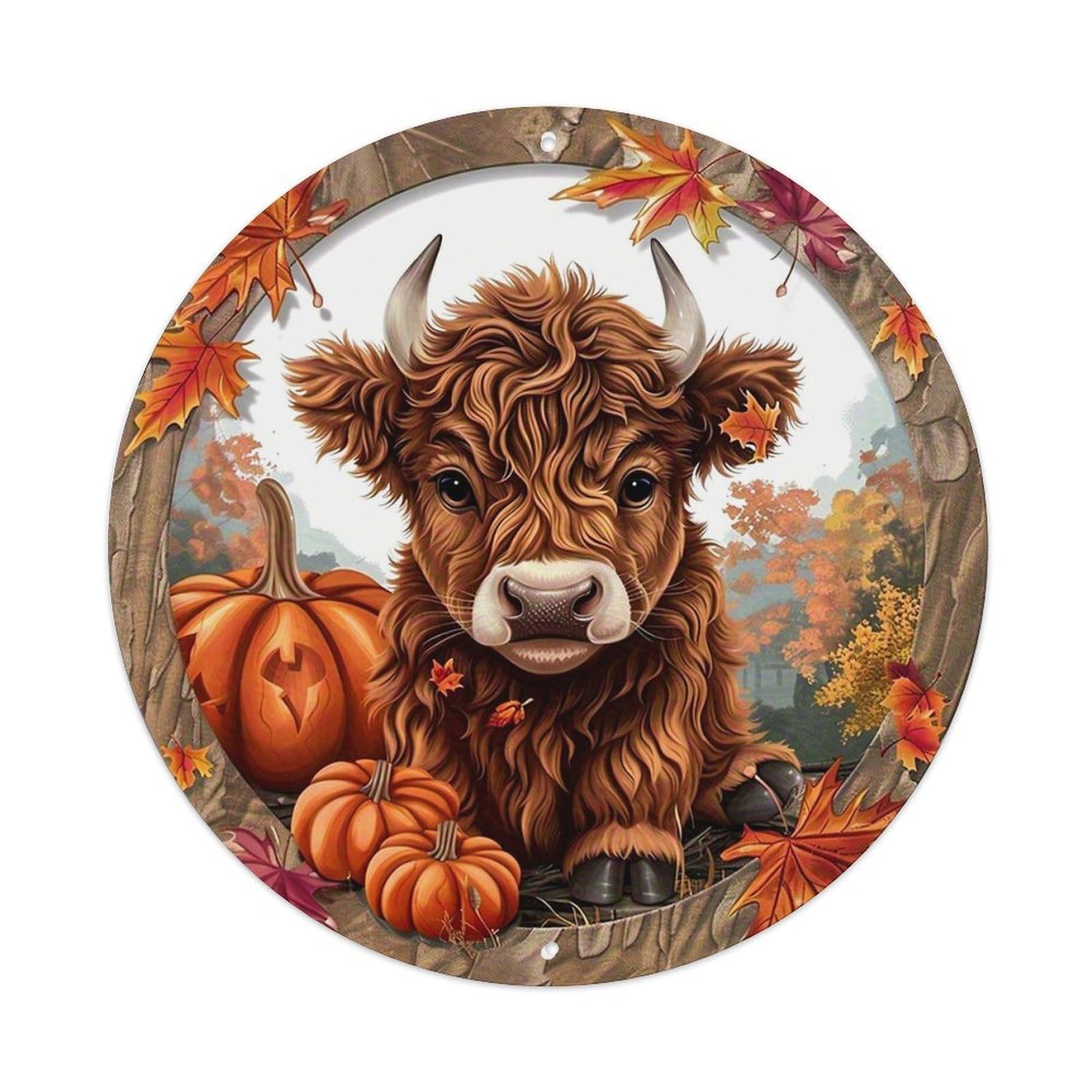Autumn Bull Pumpkin Leaves Forest Vintage Round Tin Sign Retro Metal Wall Decor Metal Poster, Home Bar Garage Cafe Wall Art Decoration 8x8Inches
