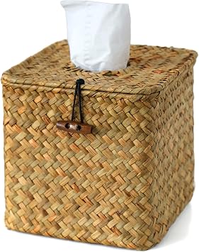 S310 Tissue Box Cover Square, Woven Tissue Box Holder with Lid, Farmhouse Seagrass Tissue Box Decorative Facial Cube Tissue Cover for Bathroom Office Table, Orange