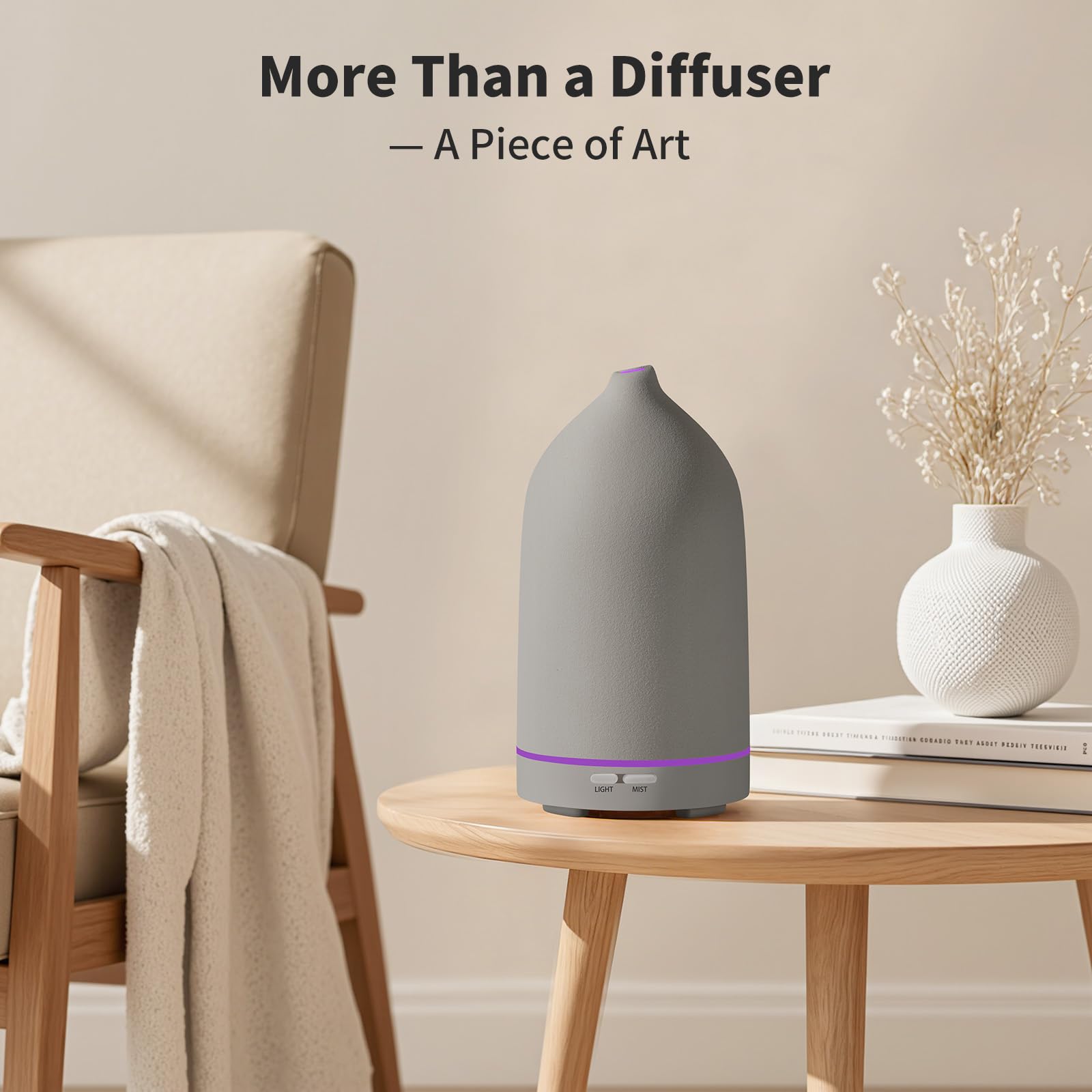 URPOWER Difusor de aceite esencial de 120 ml, difusor de aromaterapia, máquina de aceite con elegante diseño de cerámica gris, humidificador ultrasónico de niebla fría con 7 luces LED, apagado