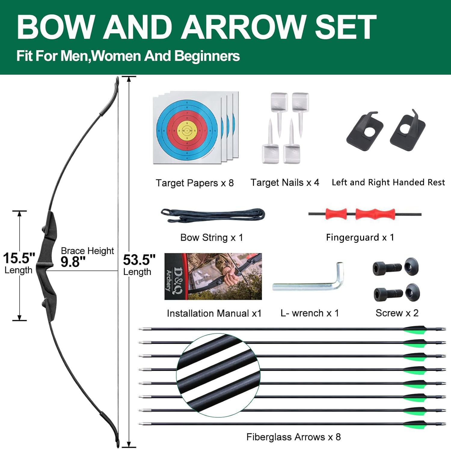 Tir à l'arc Takedown Arc Classique pour Adulte Débutant Droitier Long Arc Kit Plein air