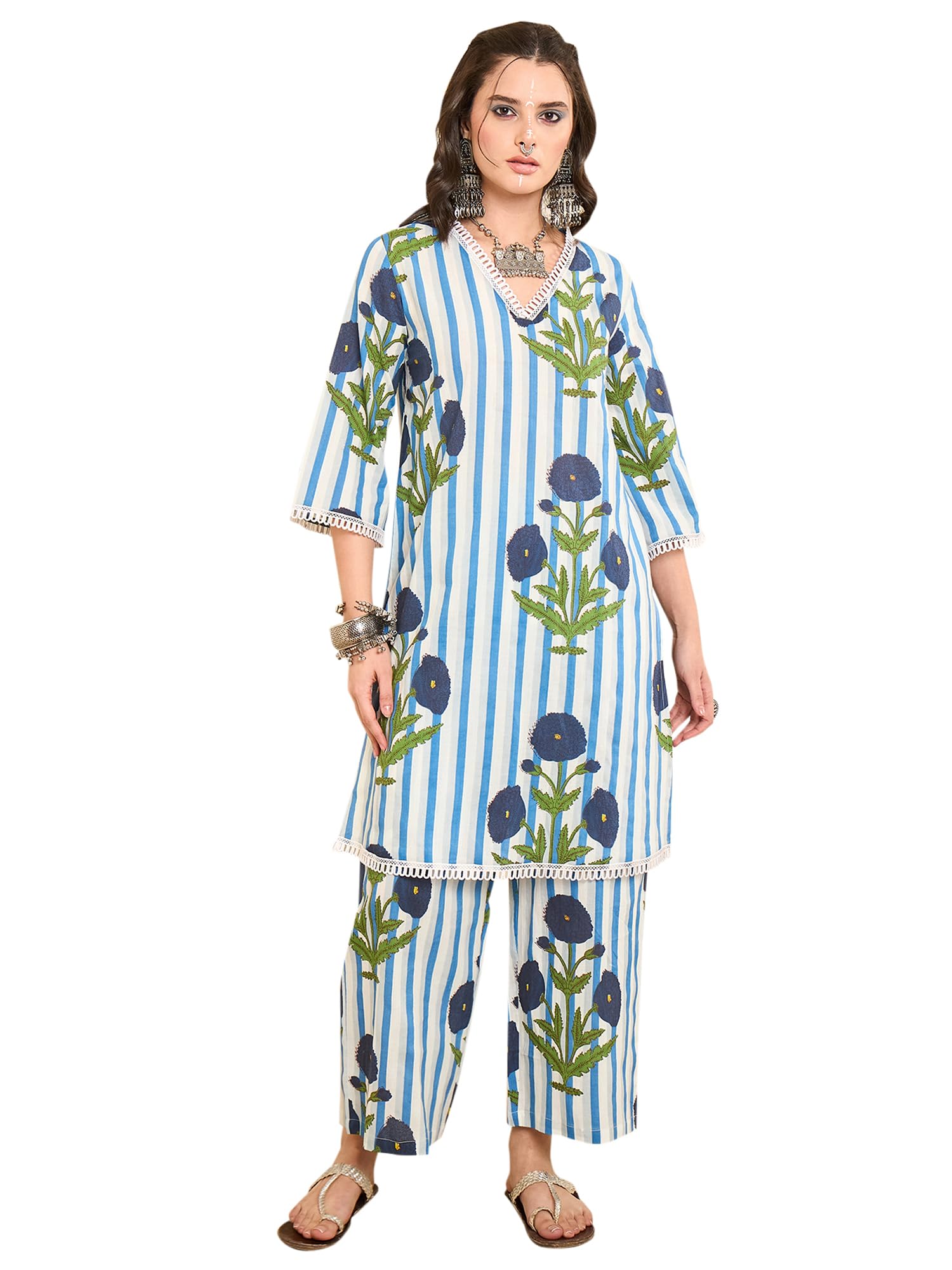 winered Women White Striped Floral Printed Cotton Co-ord Set-picture-27