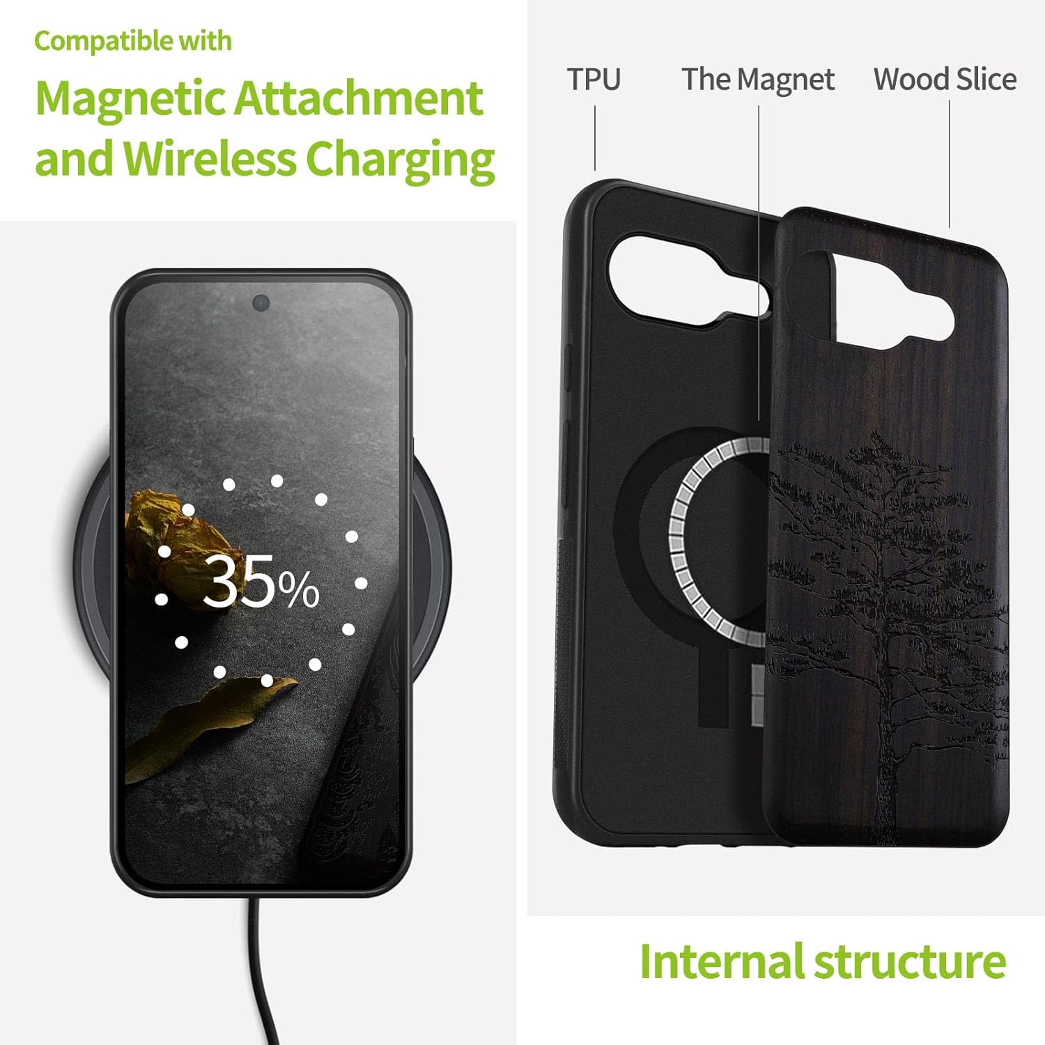 Carveit Magnetic Wooden Case for Google Pixel 9a Case, Wood Artisan Engraved & Soft TPU Shockproof Cover, Compatible with MagSafe Wireless Chargers (Vintage Pine Tree Sketch) Blackwood