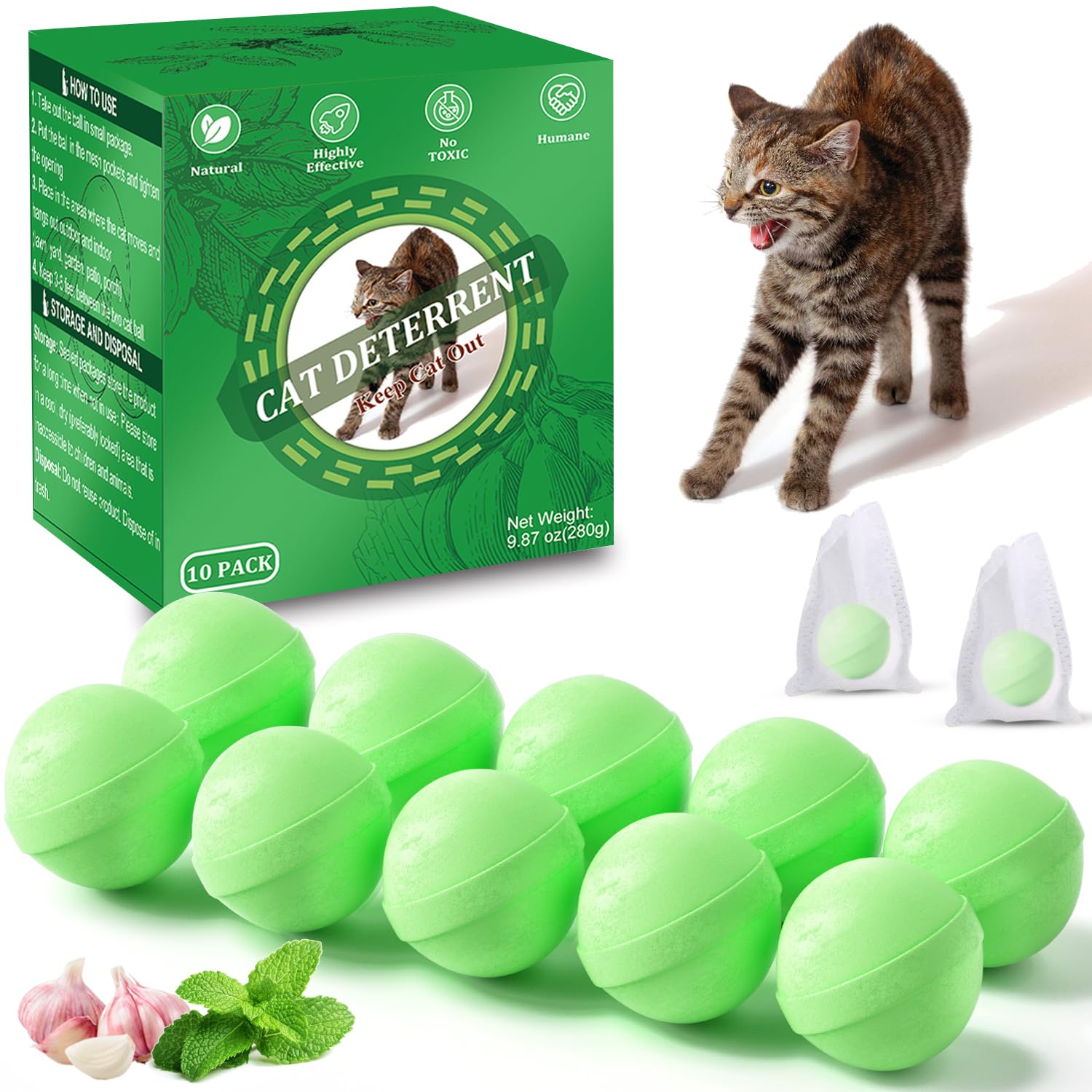 Cat Deterrent Outdoor, Natural Peppermint Oil Cat Repellent Outdoor, 10 Pack Cat Deterrent Balls Outdoor Indoor to Keep Cats Out of Yard, Garden, Lawn, Prevent Scratch and Chew,...