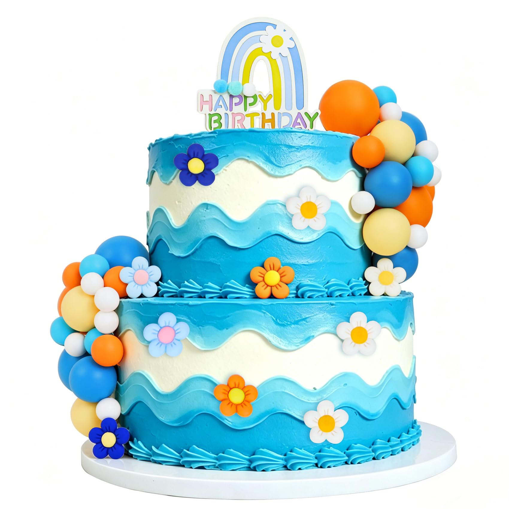 61pcs Ball Cake Toppers-pastel Cake Balls DIY Flower Rainbow Cake Decorations for Girl Macaroon Birthday Baby Shower Boho Groovy Party (Blue)