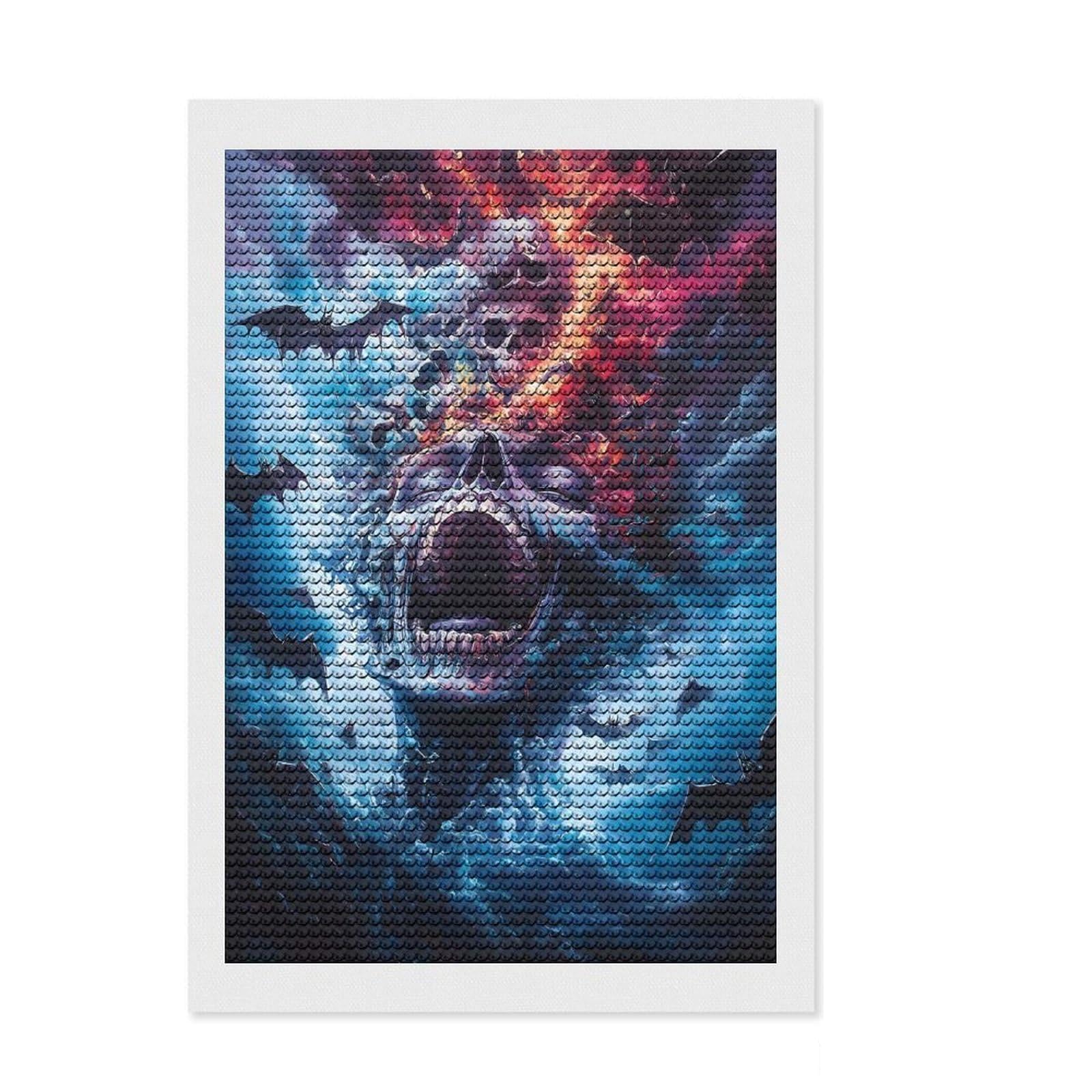 Junmoney Screaming Skull with Bats Diamond Art Canvas 8"x12", for Creative Relaxation, Easy Handmade Project, Office Decor, Christmas Gift