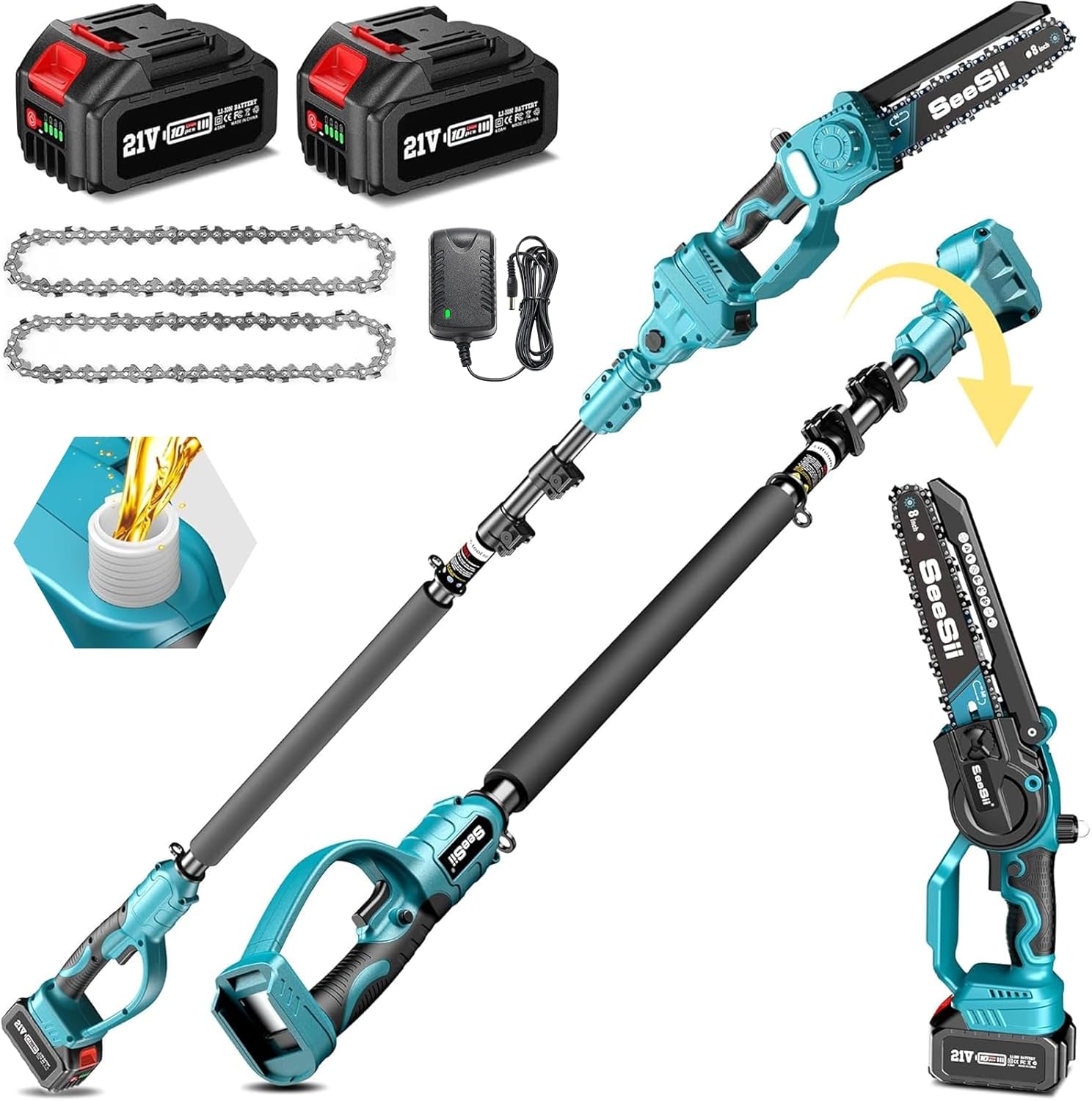 Seesii 2 in 1 Cordless 8 inch Pole Saw & Mini Chainsaw with 2 Battery, Power Electric Polesaw for Tree Trimming, Chain Saw with Extension Pole, Limb Branch Cutter Pruner PS800
