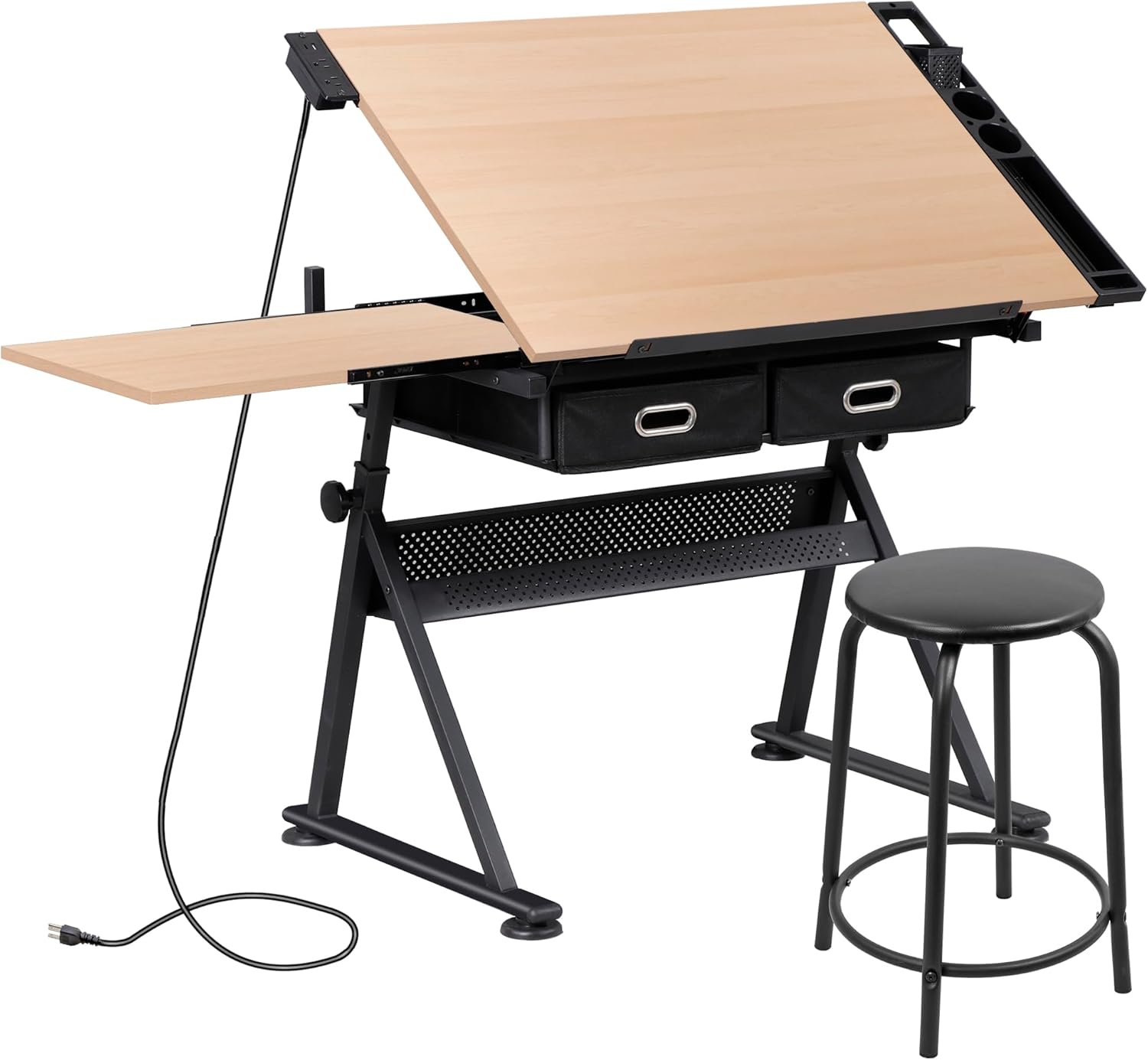 ZENY Adjustable Drafting Table with Stool, Tilting Drawing Desk Artist Table with Storage Drawers, Art Craft Workstation for Home Office Reading, Writing, Crafting (Brown-with Outlet)