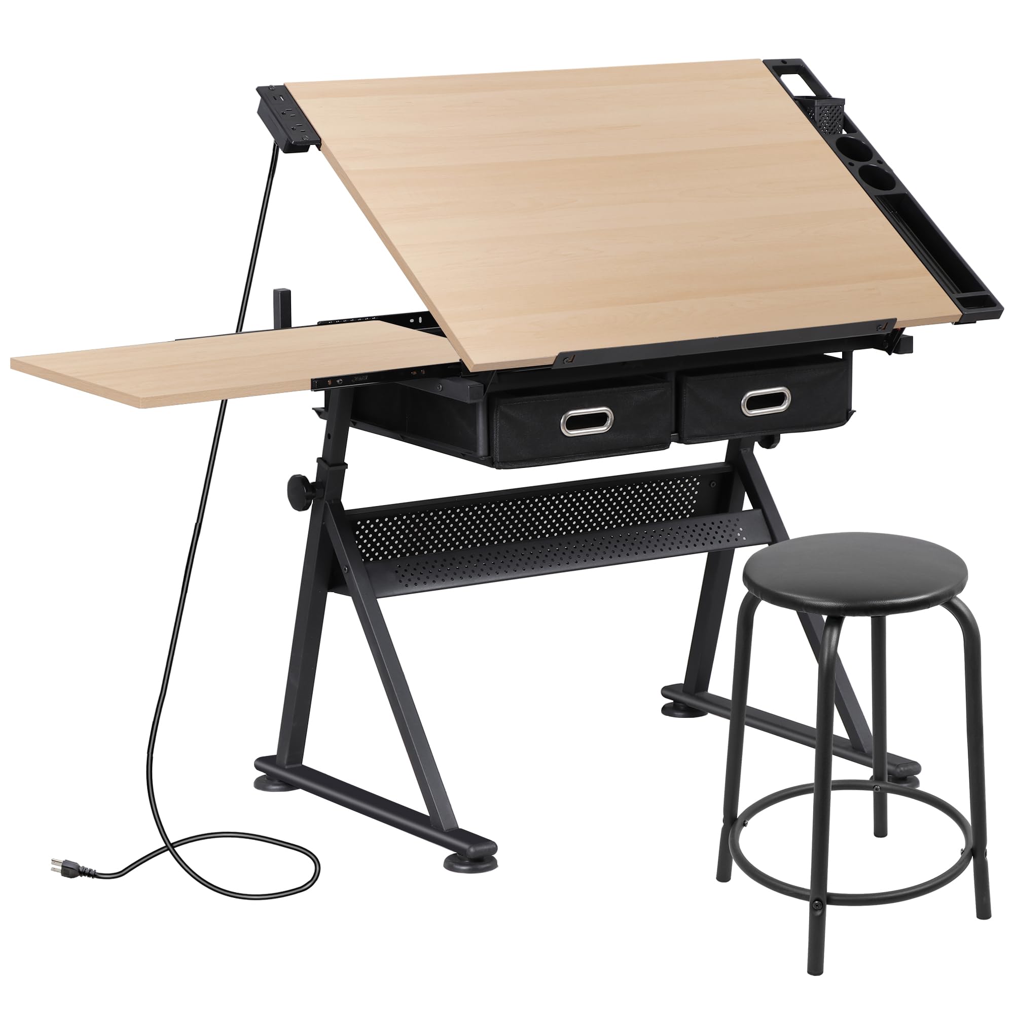 ZENYAdjustable Drafting Table with Stool, Tilting Drawing Desk Artist Table with Storage Drawers, Art Craft Workstation for Home Office Reading, Writing, Crafting (Brown-with Outlet)