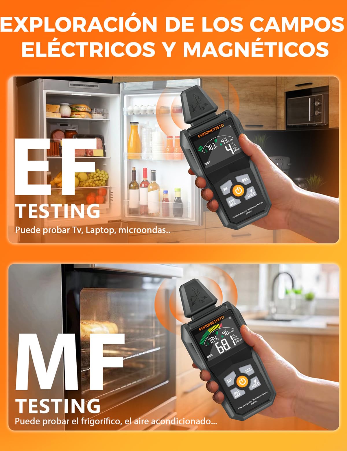 5 EN 1 Medidor EMF ET01PRO,POROMETISTO Detector De Radiación De Campo Electromagnético,Detector EF/MF/RF que Mide Temperatura y Humedad (30MHz-8GHz),Ideal para Casa, Ghost,CazaFantasmas