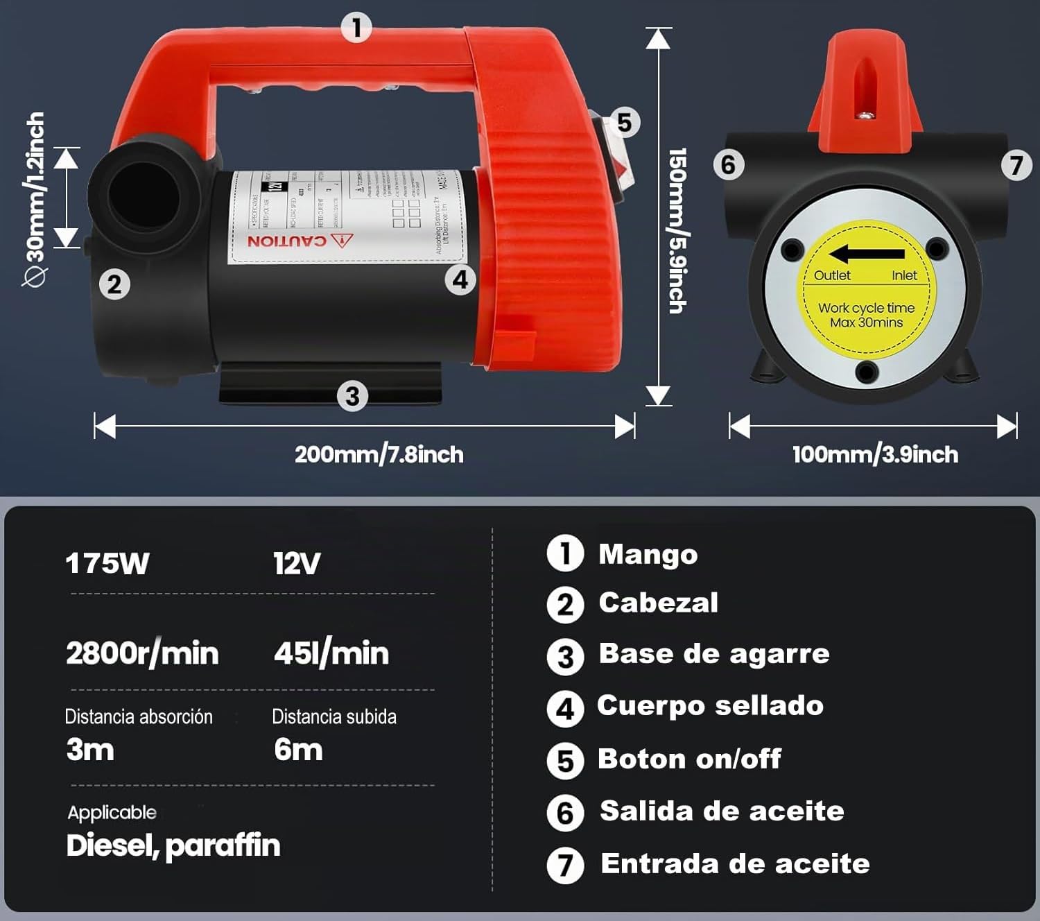 Bomba de Diesel Gasoil 12V 175W para transferir combustible con mangueras, 0-50 L/min