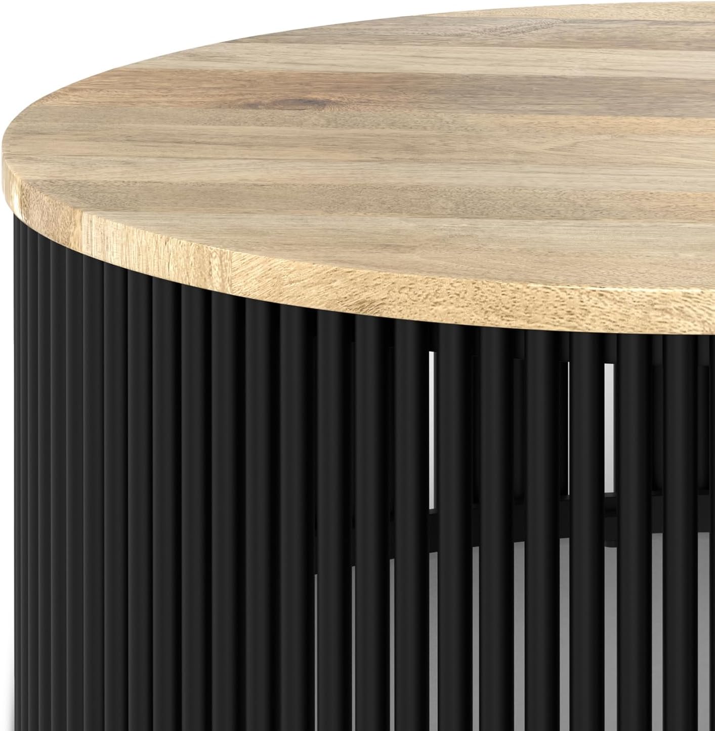 SIMPLIHOME Demy Coffee Table - 35 inch Wide Solid Wood Industrial Contemporary Round Cocktail Table in Natural and Black, Sculptural Living Room Table with Powder Coated Metal Base, Assembled