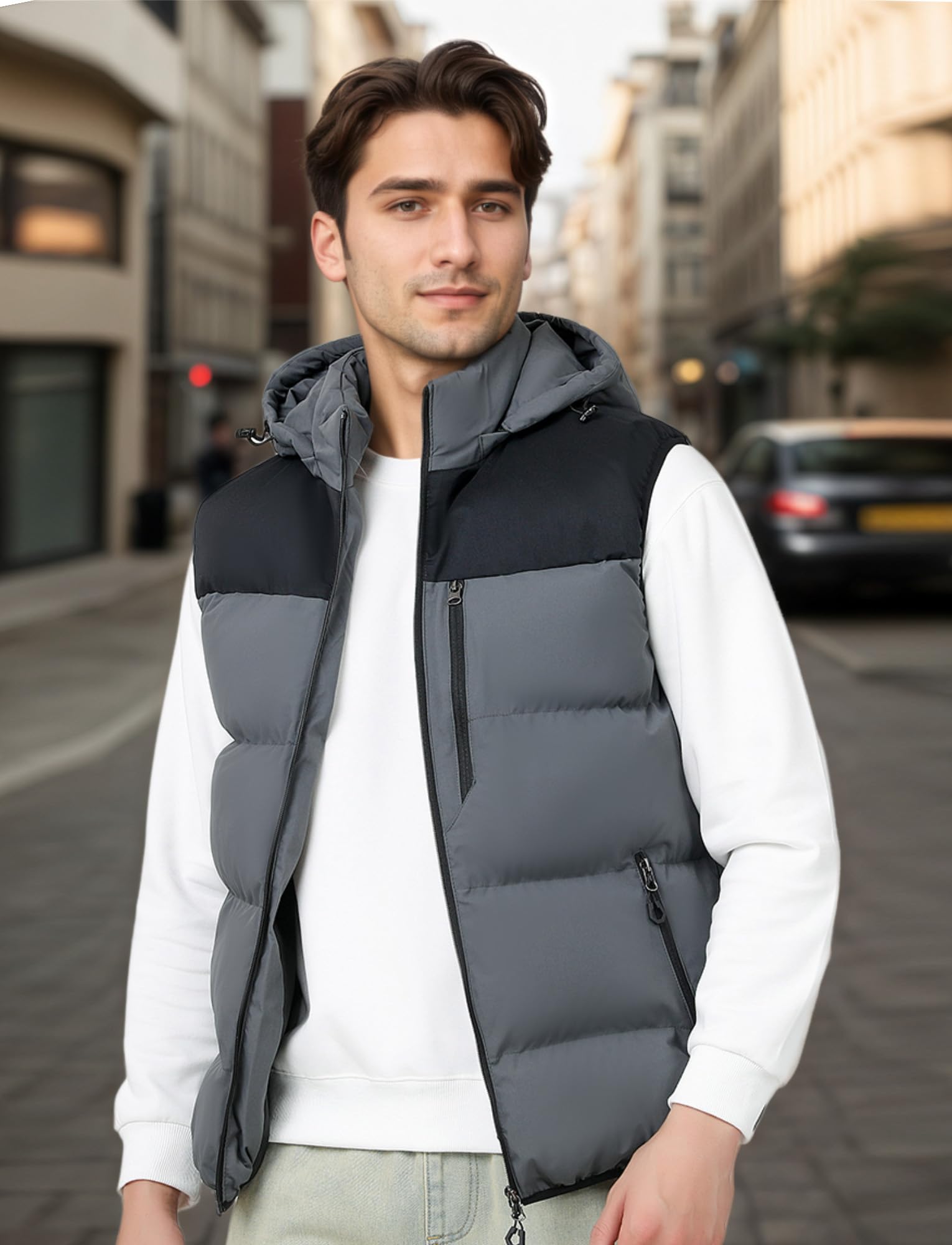 AIEOE Herren Winterweste Casual Farbblock Steppweste Verdickter Thermo Outdoorweste mit Kapuze EU XL