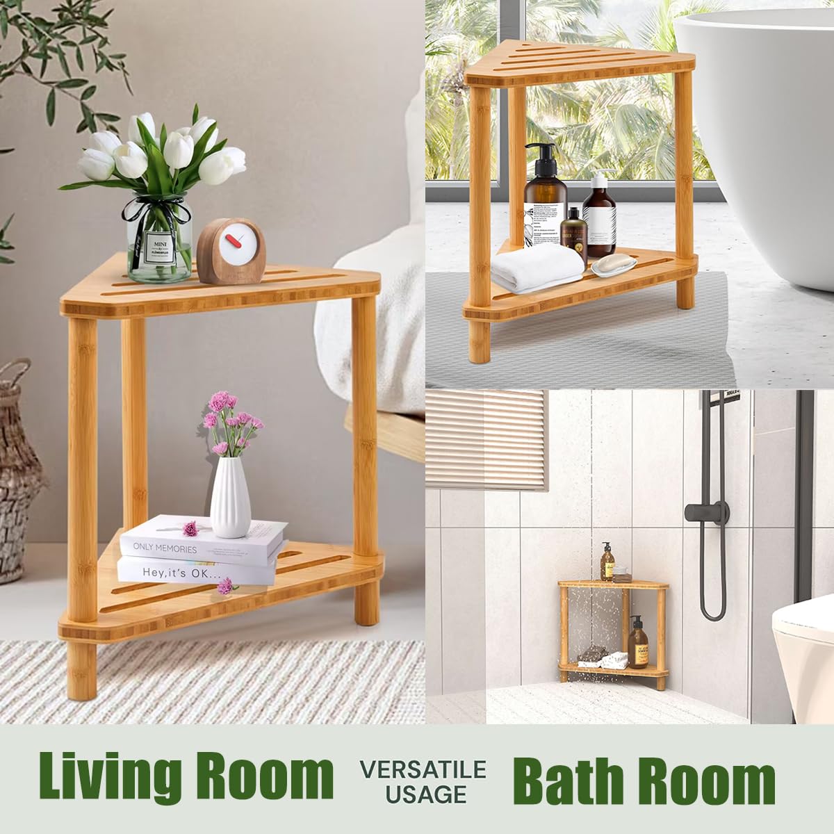 Taburete de ducha de esquina de bambú, taburete de ducha impermeable de 2 niveles para patas de afeitado de ducha interior, espacios pequeños, reposapiés de ducha con estante de almacenamiento, banco