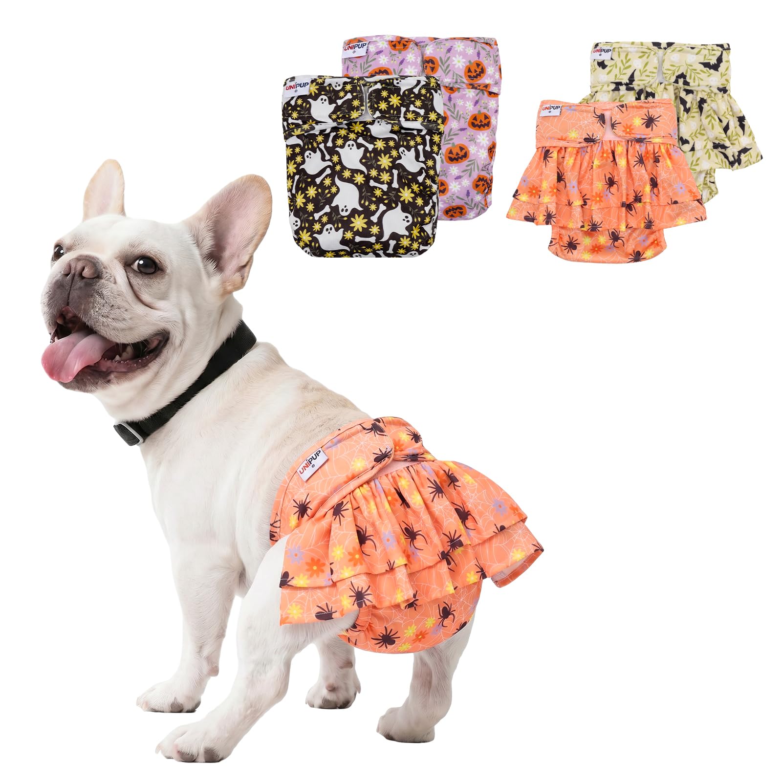 UNIPUP Halloween Female Dog Diapers Reusable No Tail Hole Period Panties Washable Diapers for Docked-Tail Frenchie French Bulldog Boston Terrier Without Tail (2 Pack Regular+2 Pack Skirts) U-WWDQB07S