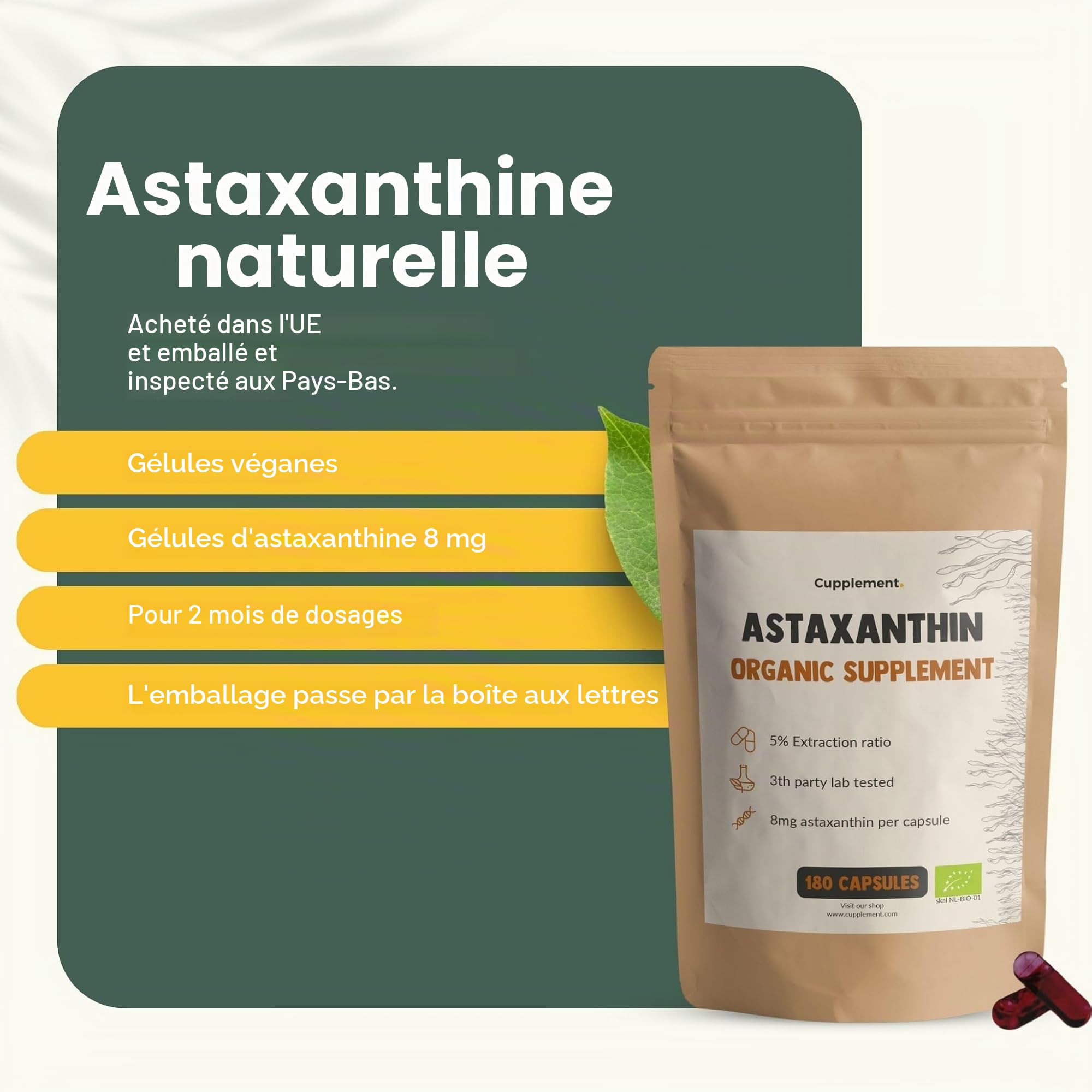 Astaxanthin 60 Capsules 8 mg par capsule 5% Extrait Bio - Pas de comprimés, 12 mg, 6 mg, 4 mg, livre ou poudre - Supplément - Superfood - Astaxanthin - Astaxantin - Plancton