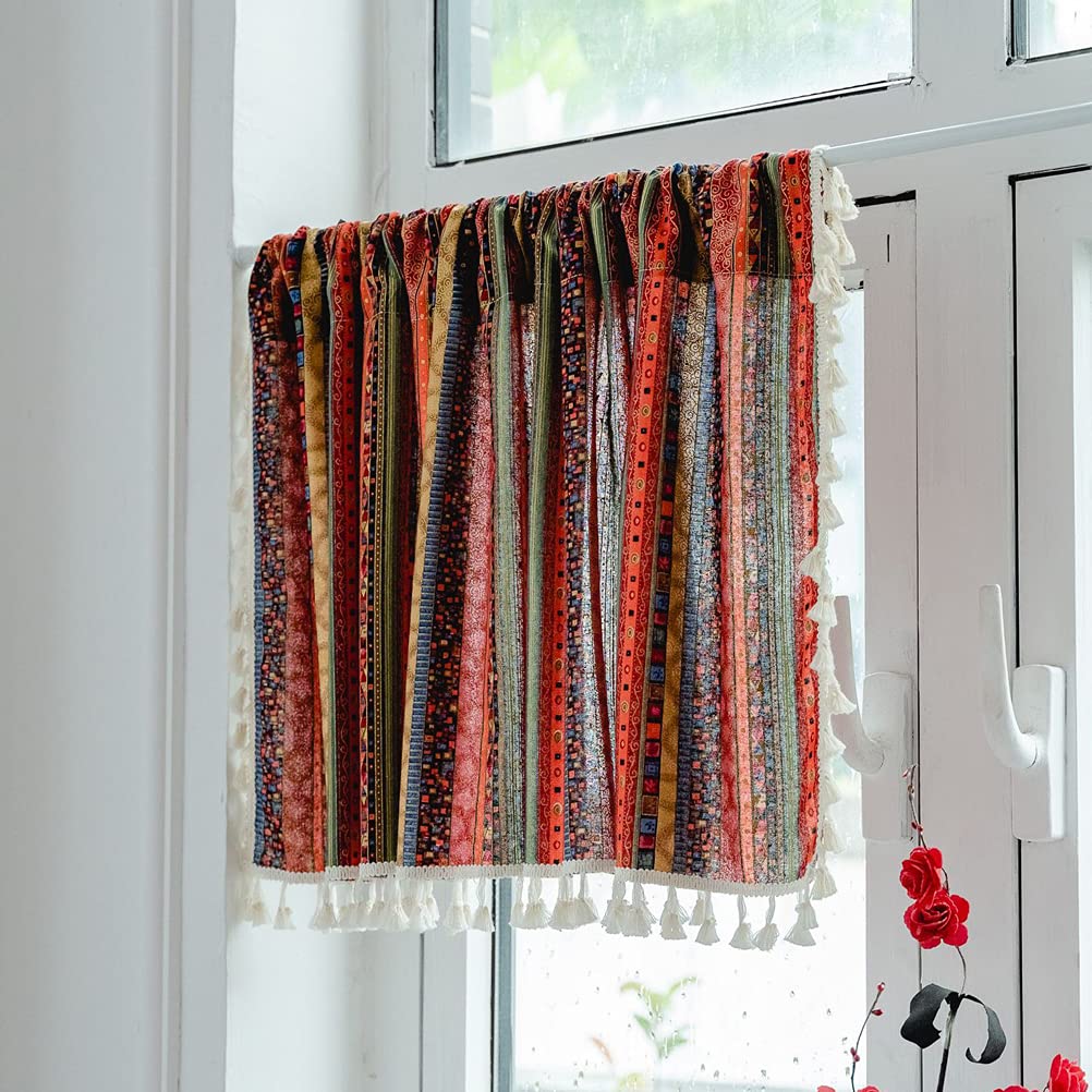 ACMHNC Zazdrostka w stylu vintage, boho, do kuchni, w stylu wiejskim, bistro, bawełna, len, krótka firanka z frędzlami, do kawiarni, do salonu, dekoracja okienna, 1 sztuka, czerwona, szer. x wys. 150 x 180 cm