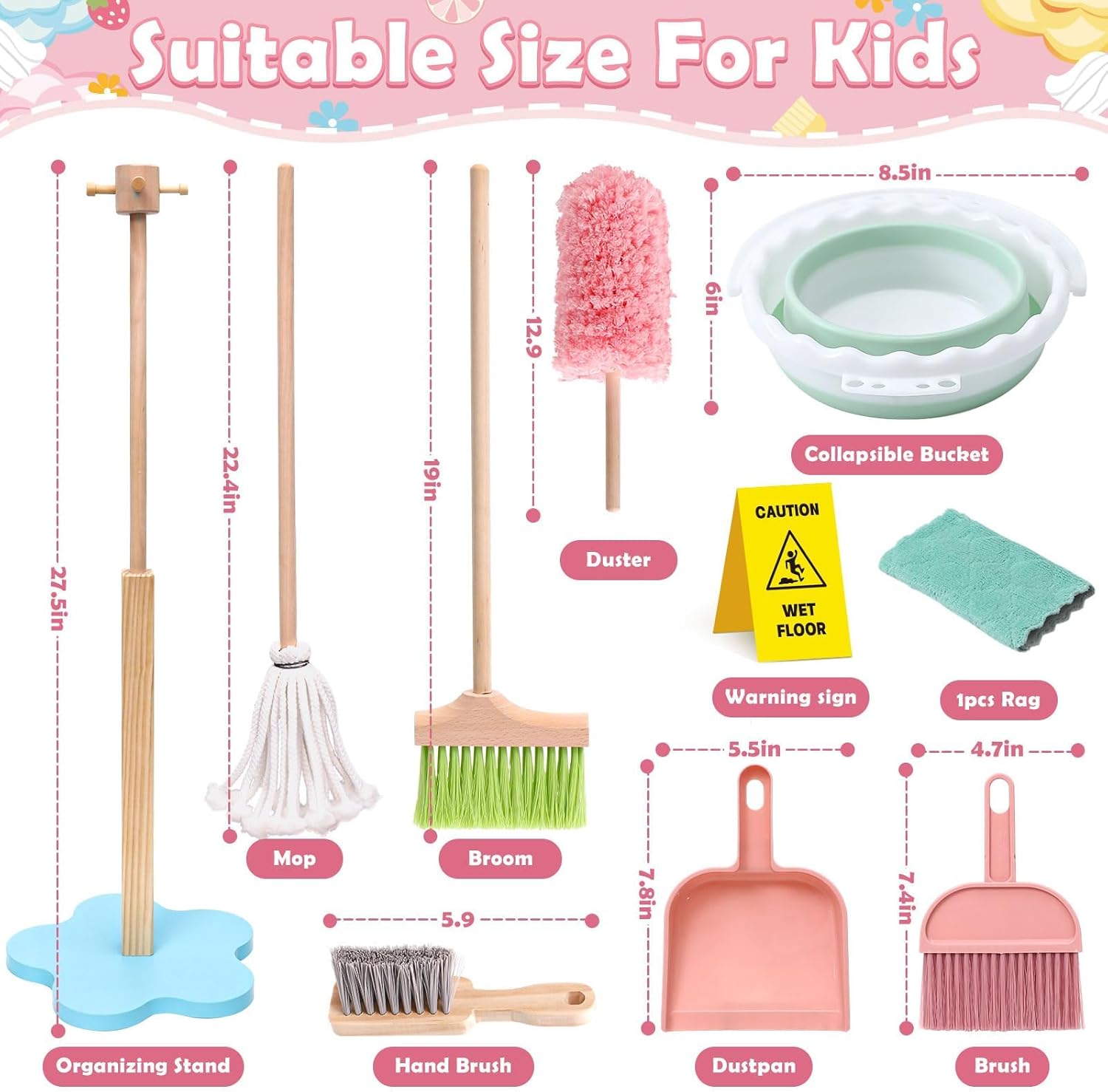 Lonico Wooden Kids Cleaning Toy Set for Toddlers Mop Broom and Dustpan Set, 12 Pcs Detachable Housekeeping Playset with Bucket Duster Brushes Pretend Play Cleaning Toys Gift for Boy Girl Age 3 4 5 6