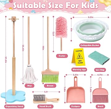 Lonico Wooden Kids Cleaning Toy Set Mop Broom and Dustpan Set, 12 Pcs Detachable Housekeeping Playset with Bucket Duster Brushes Pretend Play Cleaning Toys Gift for Boy Girl Age 3 4 5 6