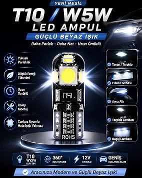 T10 W5W LED Ampul 12V Canbus Beyaz Işık Park Plaka Tavan Torpido Bagaj Lambası 1 ADET
